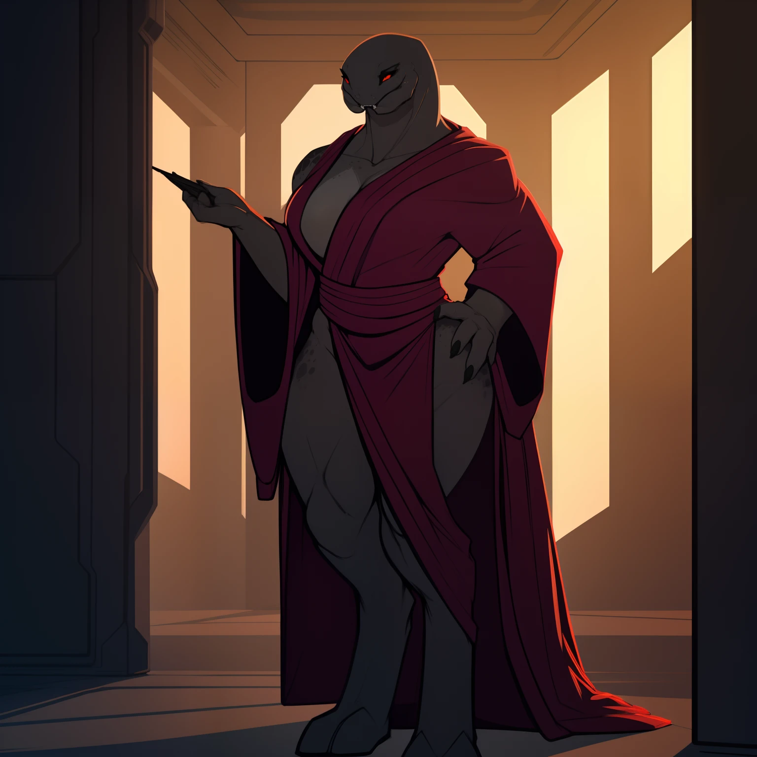Tall_thick_bodied_Muscular_mature_sangheili female dark_gray_scaled_body orange_iris black_sclera red_facial_markings purple_robes red_accents solo Masterpiece best_quality absurdres highly_detailed cleanly_drawn_eyes anthro_only by_claweddrip, by_greasymojo, by_underscore-b, by_runawaystride