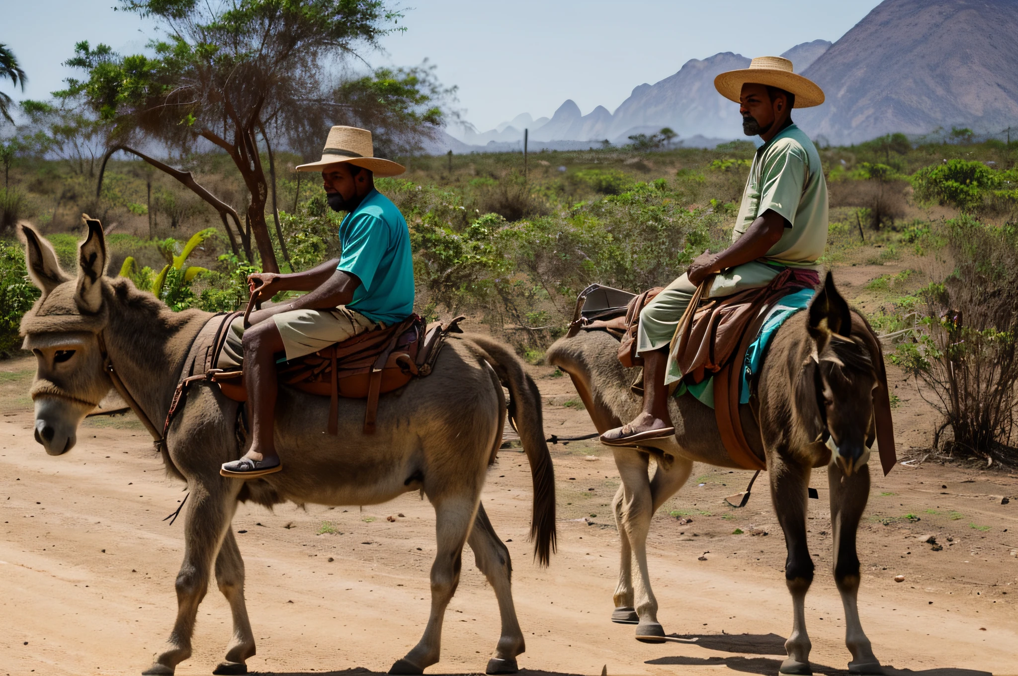 A man with typical clothes from the Brazilian Northeast, ((riding on a donkey)), in the background the desert of Northeast Brazil