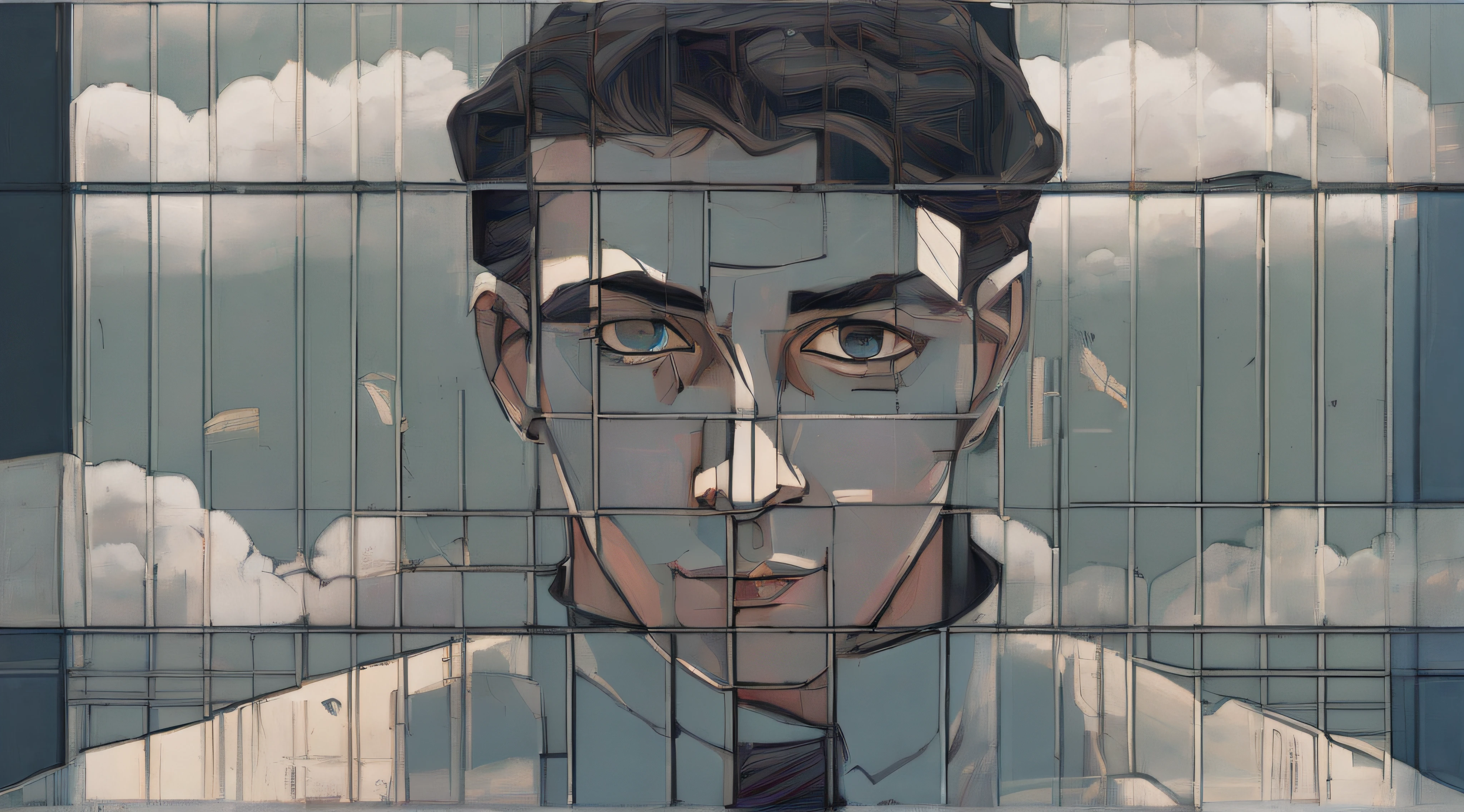 (obra-prima, Scifi symmetrical portrait painting:1.3), a painting of a man with a tie on the side of a building, (inspirado por artistas como Jean Malouel e Alasdair Gray:1.1), criando um retrato com simetria impressionante, (face looking up at the sky and inspired by Patrick Nagel and Egon von Vietinghoff:1.2), (fictional camera capturing symmetry and challenging gaze:1.2), (capturing the fusion between the human and the technological in a unique portrait painting).
