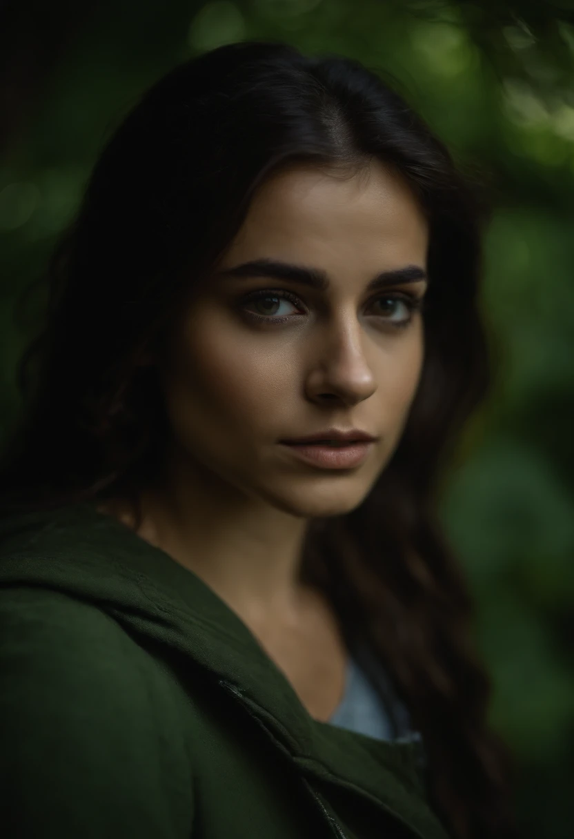 esenario post apocaliptico (mujer joven) partes civerneticas rostro triste cabello negro ojos verdes atletica maltratada obra de arte luz cenital fondo oscuro