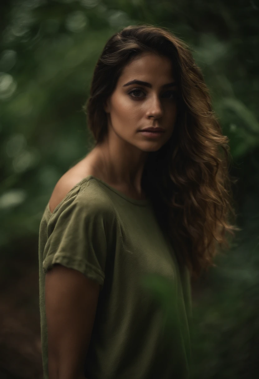 esenario post apocaliptico (mujer joven) partes civerneticas rostro triste cabello negro ojos verdes atletica maltratada obra de arte luz cenital fondo oscuro