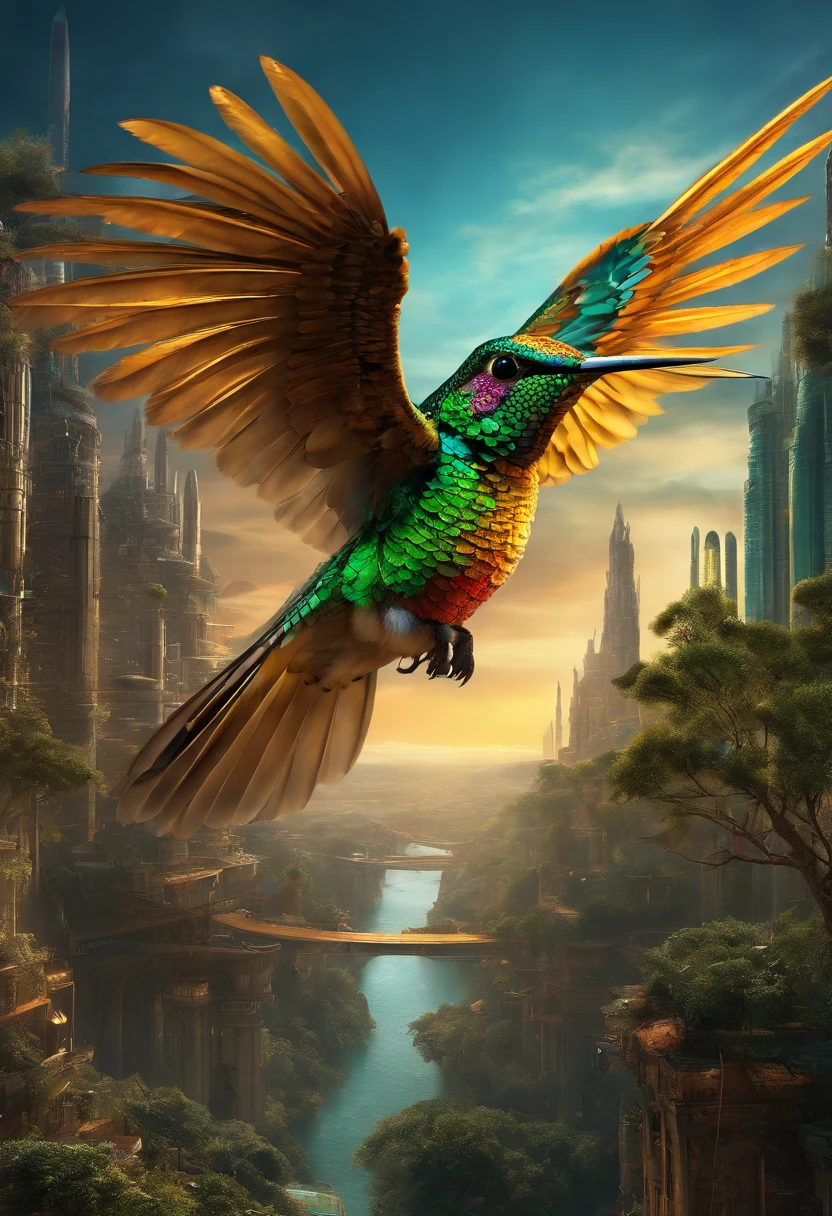 A small cyber-bird rainbow-colored hummingbird on its feathers, Flying a post-apocalyptic cyberpunk city with gorgeous ultra-advanced futuristic landscape with cosmic portals of extremely detail-rich metal in the shape of a translucent pyramid with fluorescent dark green color of titanium steel material, A beautiful day with late afternoon sunsets on the horizon casting rays of sunshine into the sky, com lua cheia no fundo, there is no darkness, sem humanos, sem animais, Environment with wild trees and vines from the Jurassic era covering abandoned steel buildings, rochas incandecentes, hyperrealistic hybrid atmosphere, ultra-detalhado, foco nítido, Mysterious and magnificent landscape, realismo, obra prima, visionary art, obra premiada, High definition details, remnants of a forgotten civilization surrounded by cosmic beauty, dmt, ultra realista, unique and exclusive art