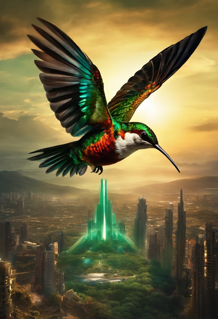 A small cyber-bird rainbow-colored hummingbird on its feathers, Flying a post-apocalyptic cyberpunk city with gorgeous ultra-advanced futuristic landscape with cosmic portals of extremely detail-rich metal in the shape of a translucent pyramid with fluorescent dark green color of titanium steel material, A beautiful day with late afternoon sunsets on the horizon casting rays of sunshine into the sky, com lua cheia no fundo, there is no darkness, sem humanos, sem animais, Environment with wild trees and vines from the Jurassic era covering abandoned steel buildings, rochas incandecentes, hyperrealistic hybrid atmosphere, ultra-detalhado, foco nítido, Mysterious and magnificent landscape, realismo, obra prima, visionary art, obra premiada, High definition details, remnants of a forgotten civilization surrounded by cosmic beauty, dmt, ultra realista, unique and exclusive art