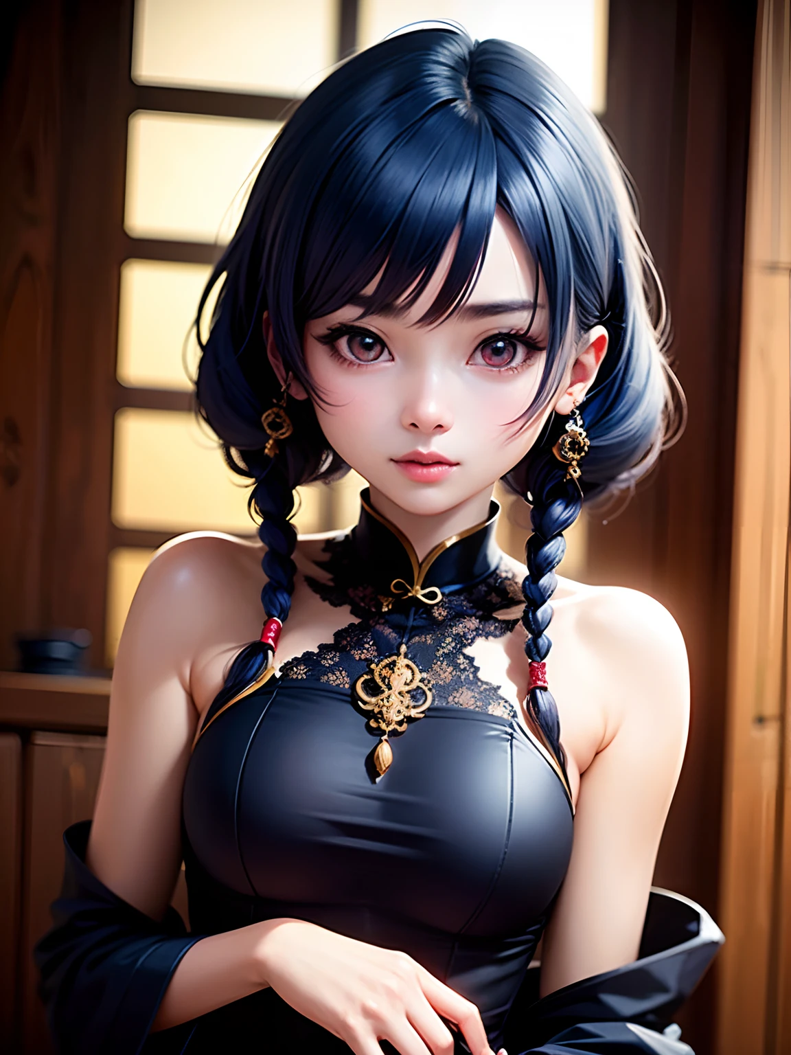 (best quality,4k,8k,highres,masterpiece:1.2),ultra-detailed,realistic:1.37,beautiful detailed eyes,beautiful detailed lips,extremely detailed eyes and face,longeyelashes,sexy woman with black hair in a bun,seductive eyes in intense gaze,mouth open with deep blush,flustered expression, beautiful long neck and collarbone,medium chest with cleavage,wearing a blue saree,lustful expression,sultry pose