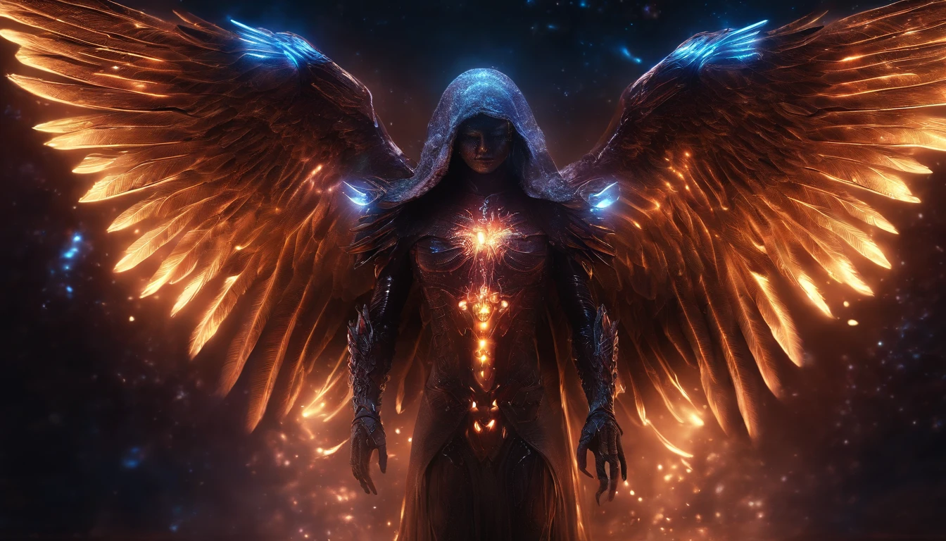 Cosmic Fallen Angel, Glowing light eyes, biomechanical, eldritch, Creepy, nightmarish, Very bright colors, light particles, with luminous light, Mshiff, Wallpaper Art, UHD wallpaper