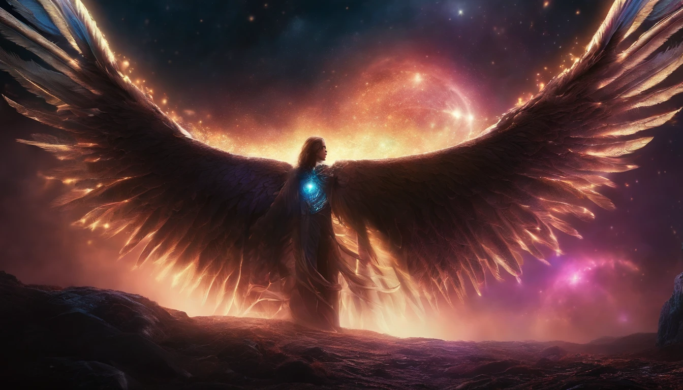 Cosmic Fallen Angel, Glowing light eyes, biomechanical, eldritch, Creepy, nightmarish, Very bright colors, light particles, with luminous light, Mshiff, Wallpaper Art, UHD wallpaper
