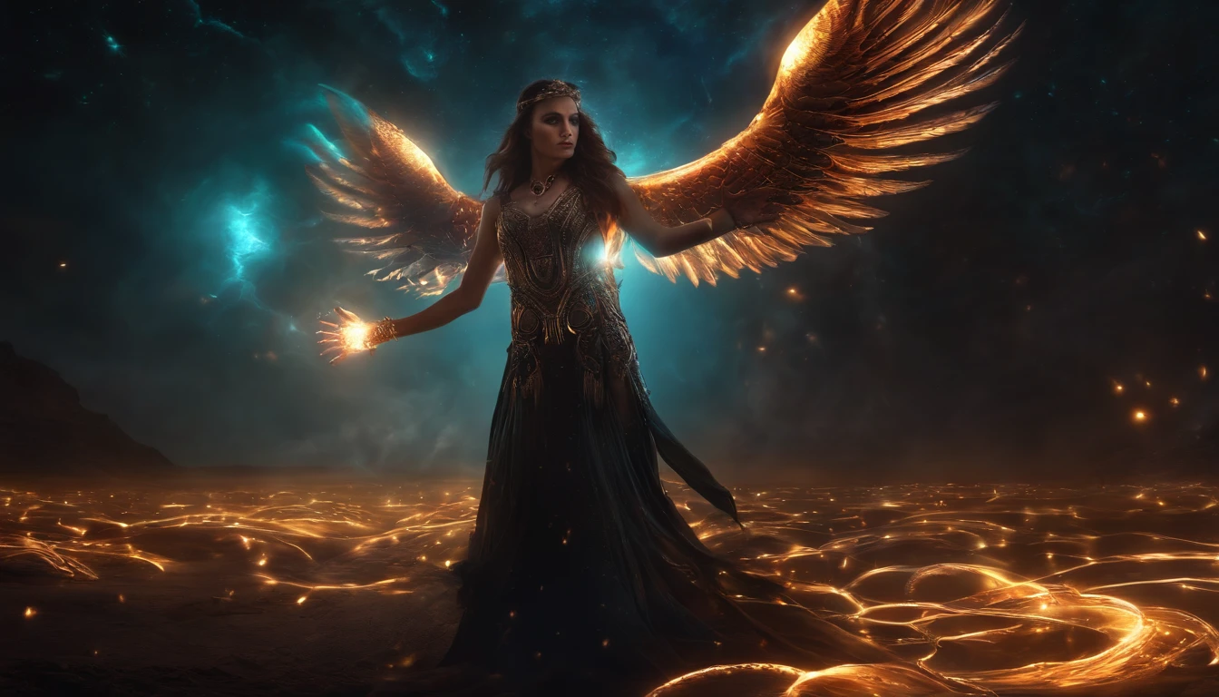 Cosmic Fallen Angel, Glowing light eyes, biomechanical, eldritch, Creepy, nightmarish, Very bright colors, light particles, with luminous light, Mshiff, Wallpaper Art, UHD wallpaper