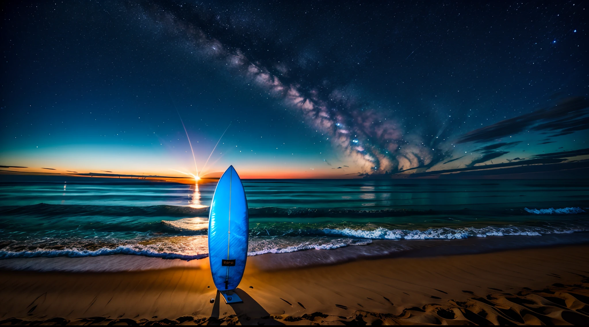 A surfboard on the beach at night with stars