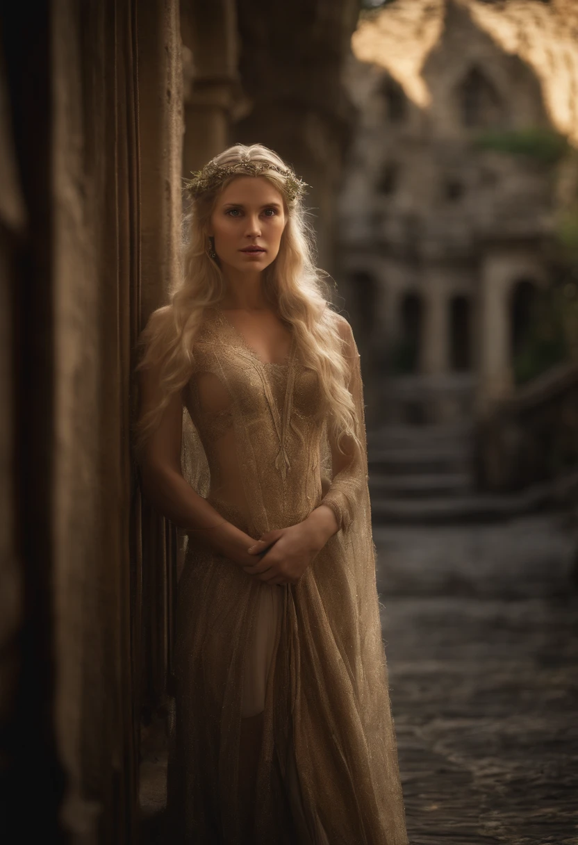 Morfydd Clark standing naked in the streets of an elven city naked gorgeous woman serious expression with extra long wavy blonde hair, detailed alluring eyes, long sexy legs, wearing nothing, full-shot full shot, naked, Caucasian decent ((detailed facial features)), (finely detailed skin), pale skin, realistic skin texture, naked extreme skin details, (pores:0.1), in the background beautiful medieval elven city city, best quality masterpiece, photorealistic, hyperrealistic, detailed, Morfydd Clark 8k, HDR, (Soft color: 1.2), shallow depth of field, broad light, high contrast, backlighting, bloom, light sparkles, chromatic aberration, Morfydd Clark sharp focus, RAW color photo, cinematic wearing nothing, naked, nude, attractive face, Morfydd Clark standing naked in the streets of an elven city