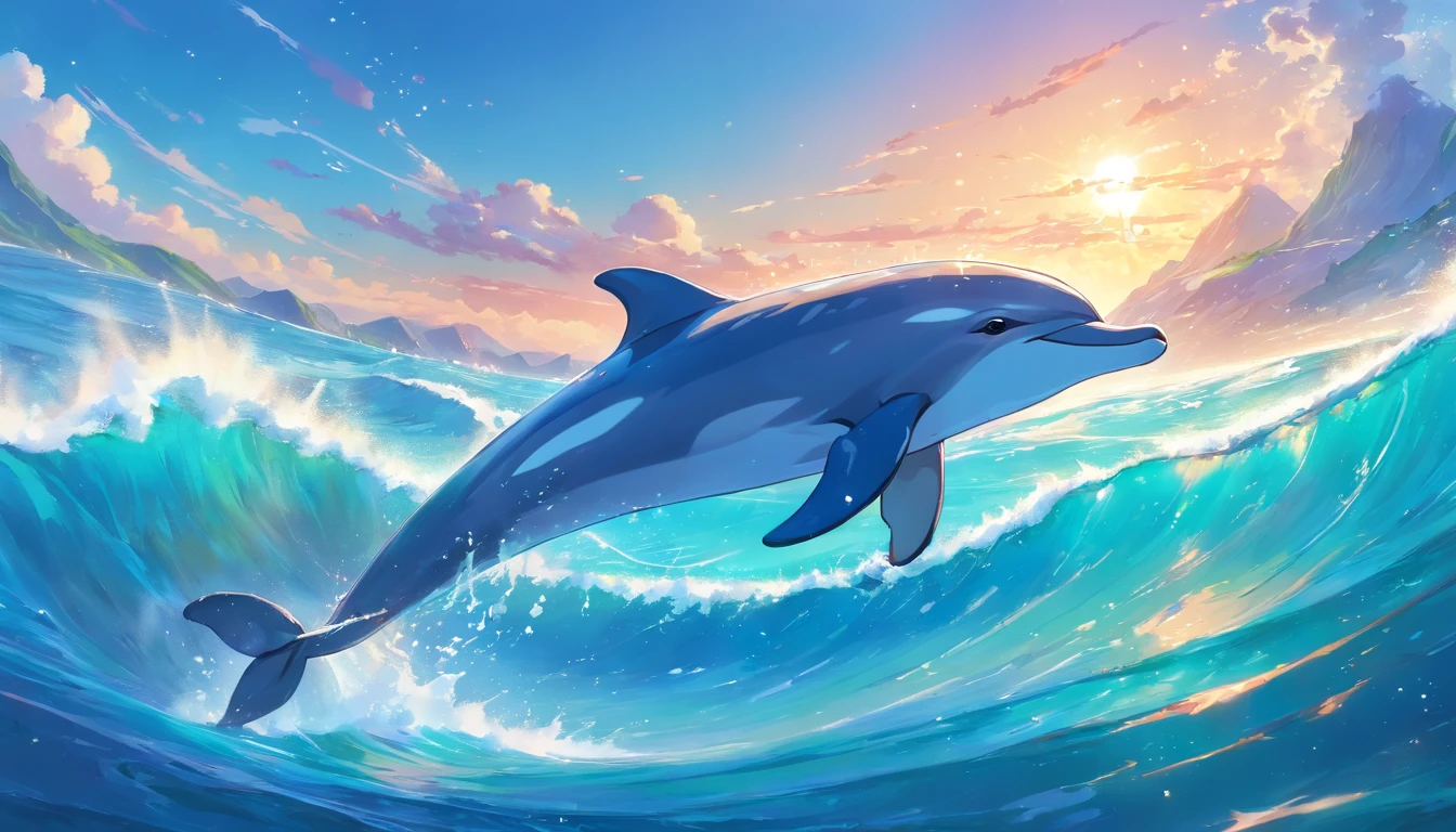 Painting of dolphins swimming in colorful ocean, Look up at the composition,sky whales, inspired by Cyril Rolando, dreamy psychedelic anime, colorful anime movie background, A beautiful artwork illustration, author:Shitao, colorful concept art, Makoto Shinkai Cyrillo Rolando, in the style of Cyril Rolando, flying whale, highly detailed water colour 8k, highly detailed water colour 8 k,octane,the end,Realistic,8K,Estilo de Makoto Shinkai( reasonable design, 清晰的线条, High- sharpness,Best quality, Very detailed, Master parts, movie light effect, 4K )