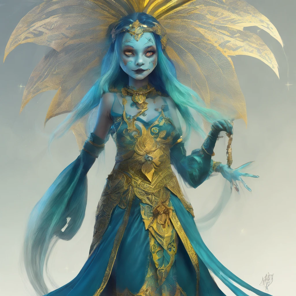 One small female greenish yellow goblin. Outwardly pointed ears Blue gray eyes. Long straight dark blue hair. Dark tribal hide outfit. Crop top. Thigh split long skirt. Teal blue tribal body paint. Long greenish yellow goblin tail with dark blue tuff at the end. Alchemist. Cute. Spooky.