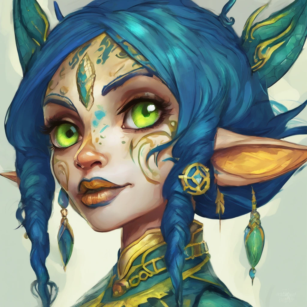 One small female greenish yellow goblin. Outwardly pointed ears Blue gray eyes. Long straight dark blue hair. Dark tribal hide outfit. Crop top. Thigh split long skirt. Teal blue tribal body paint. Long greenish yellow goblin tail with dark blue tuff at the end. Alchemist. Cute. Spooky.