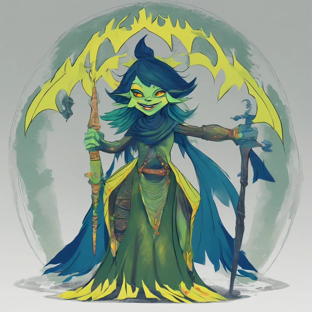 One small female greenish yellow goblin.  Outwardly pointed ears  Blue gray eyes.  Long straight dark blue hair.  Dark tribal hide outfit.  Crop top.  Thigh split long skirt.  Teal blue tribal body paint.  Long greenish yellow goblin tail with dark blue tuff at the end.  Alchemist.  Cute.  Spooky.