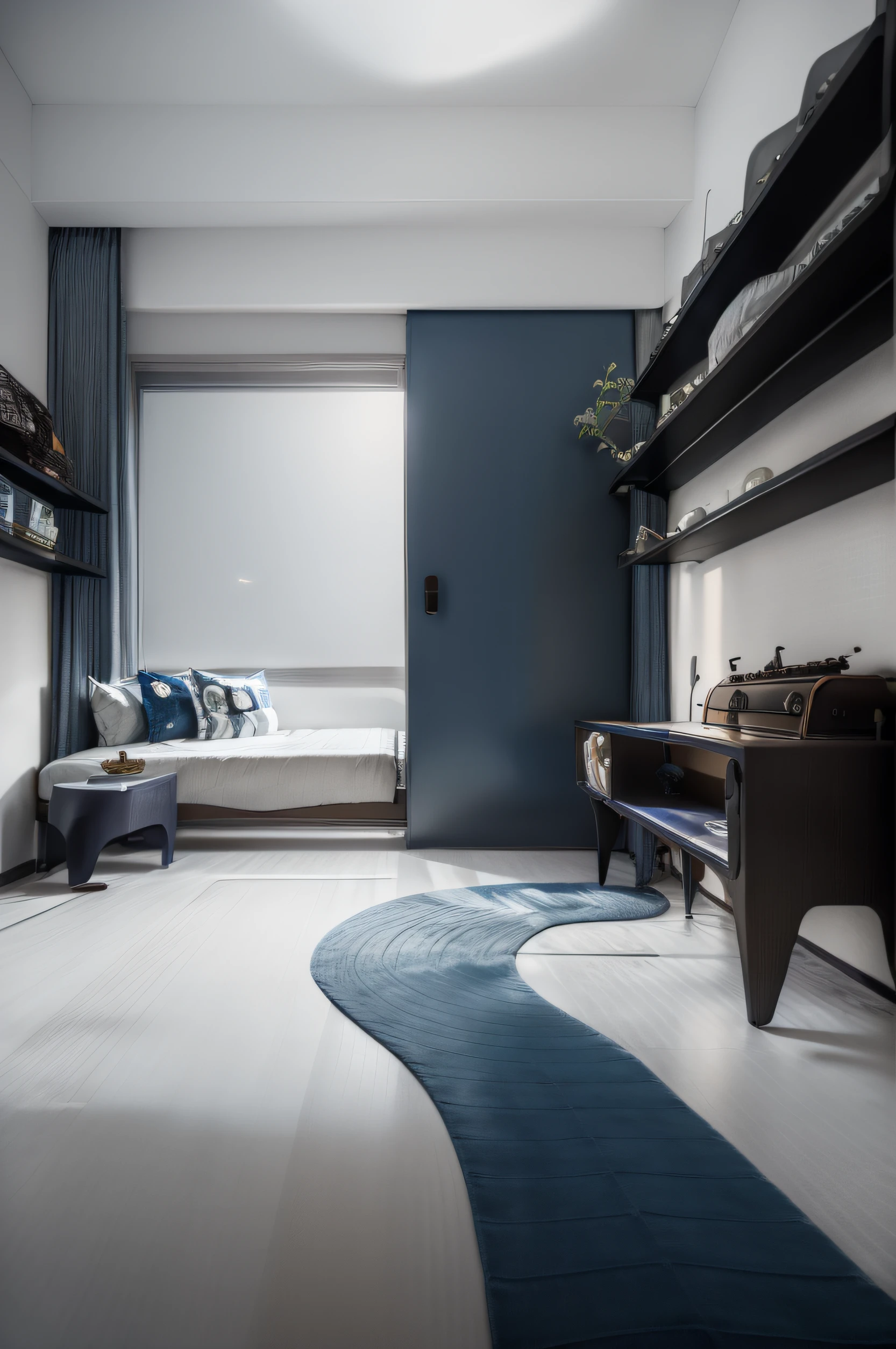 45° angle overlook,Home style,Blue carpet,The pattern of the carpet is a cute little animal,The whole environment is brighter