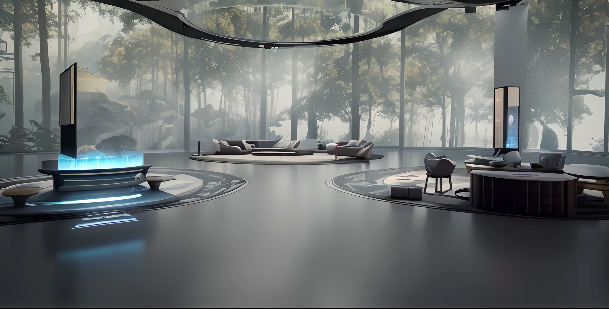 There was a room,There are three booths with large displays, Classicist environment, New Chinese style exhibition hall, enscape render, New Chinese style exhibition hall, perspective 3 d octane render, futuristic environment, rendered in unreal 5, Surrealistic new Chinese set design, rendered in enscape, futuristic and ethereal, atmospheric render, New Chinese interior
