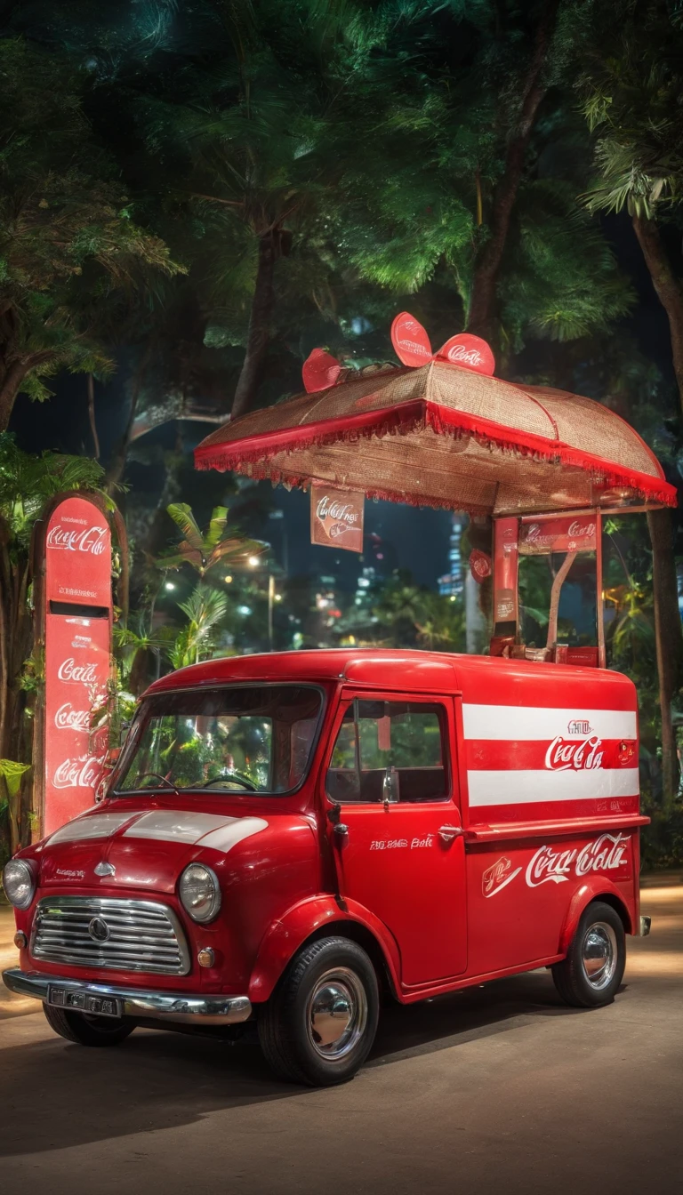 a festival vibe 'CoCa CoLa' mini modern sales truck with open back door to sell drinks in the park, in the night, urban 'Ho Chi Minh city' background, directly view point at the side with open door of the truck,