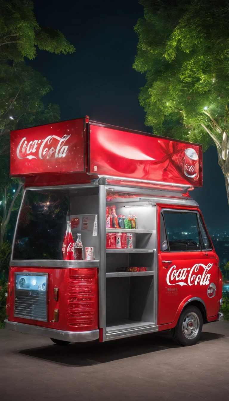 a festival vibe 'CoCa CoLa' mini modern sales truck with open back door to sell drinks in the park, in the night, urban 'Ho Chi Minh city' background, directly view point at the side with open door of the truck,