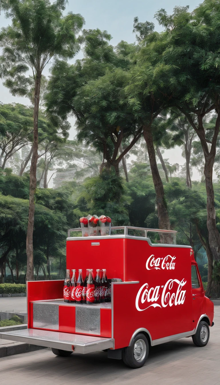 a festival vibe 'CoCa CoLa' mini modern sales truck with open back door to sell drinks in the park, in the night, urban 'Ho Chi Minh city' background, directly view point at the side with open door of the truck,
