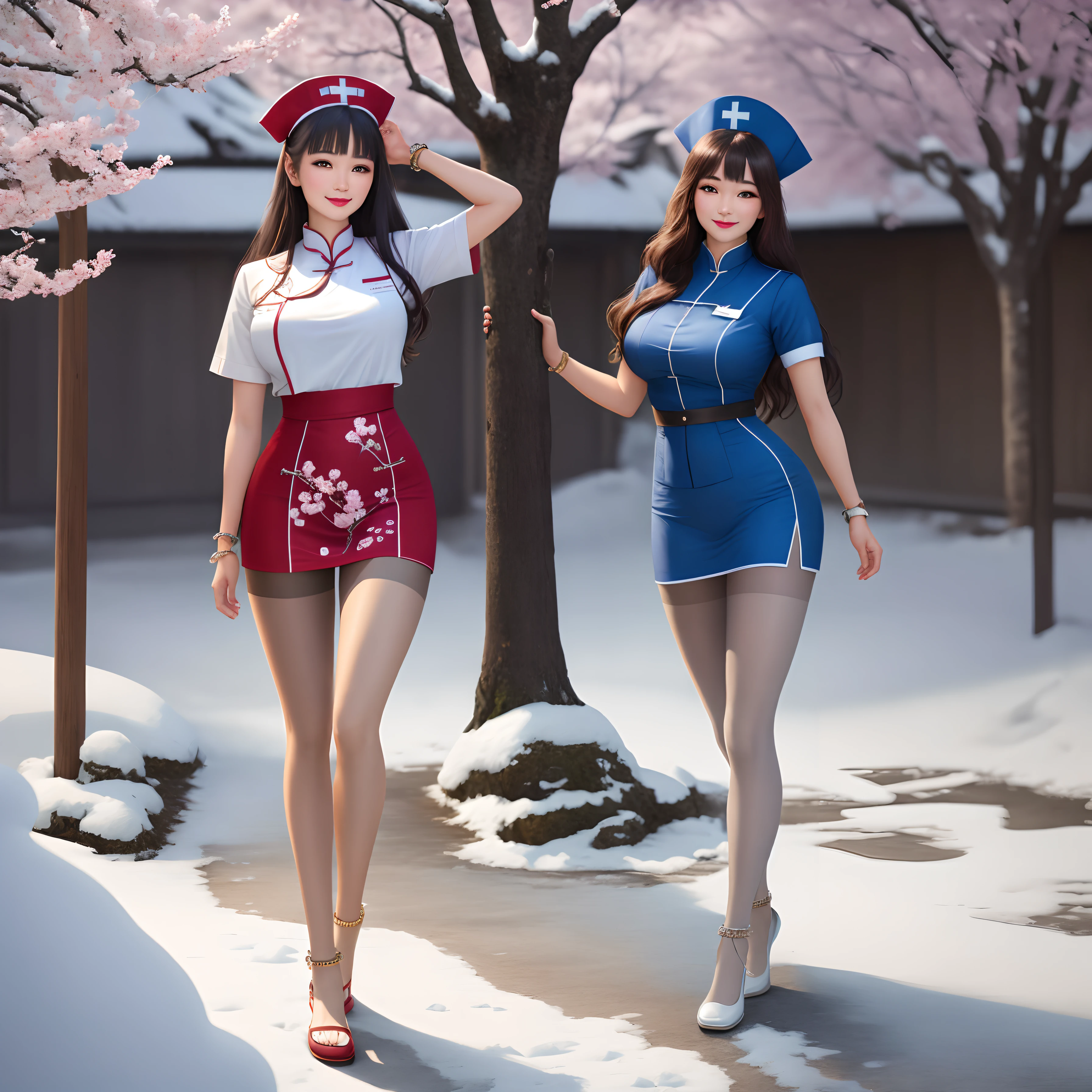 masterpiece, best quality, highres, ultra high res,real, photorealistic,1 girl,morning,cinematic lighting,looking at viewer,outdoor,full body,hat,smile,dancing,chinese clothes style,nurse uniform,pantyhose,snow,cherry blossom tree,normal body shape,oval face,bangs,long hair,details eyes,lipstick,large breasts,slim waist,slim thighs,anklet