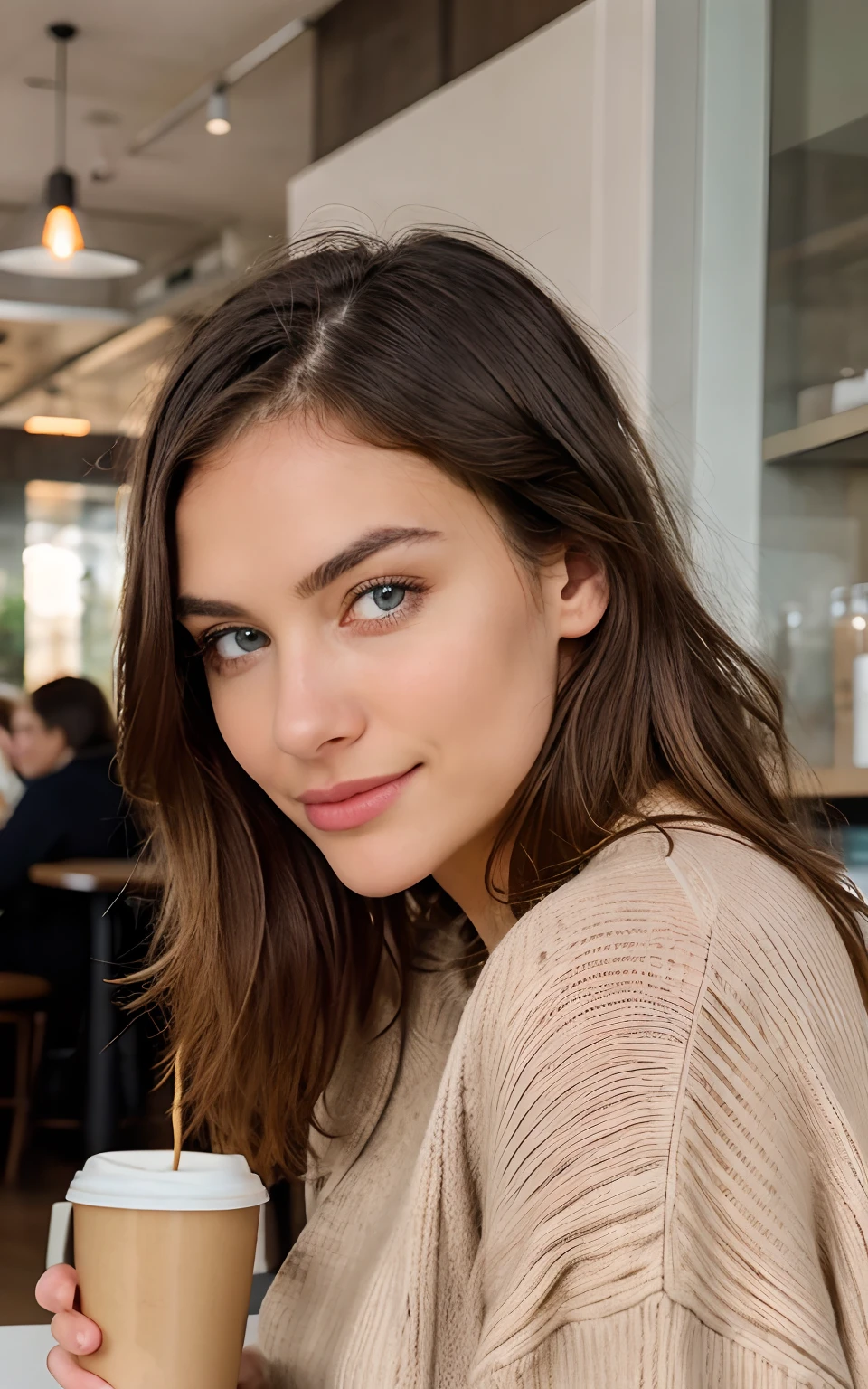 beautiful blonde wearing beige sweater (sipping coffee inside a modern café at sunset), very detailed, 21 years old, innocent face, natural wavy hair, blue eyes, high resolution, masterpiece, best quality, intricate details, highly detailed, sharp focus, detailed skin, realistic skin texture, texture, detailed eyes, professional, 4k, charming smile, shot on Canon, 85mm, shallow depth of field, kodak vision color, perfect fit body, extremely detailed, foto_\(ultra\), photorealistic, realistic, post-processing, maximum detail, roughness, real life, ultra realistic, photorealism, photography, 8k uhd, photography