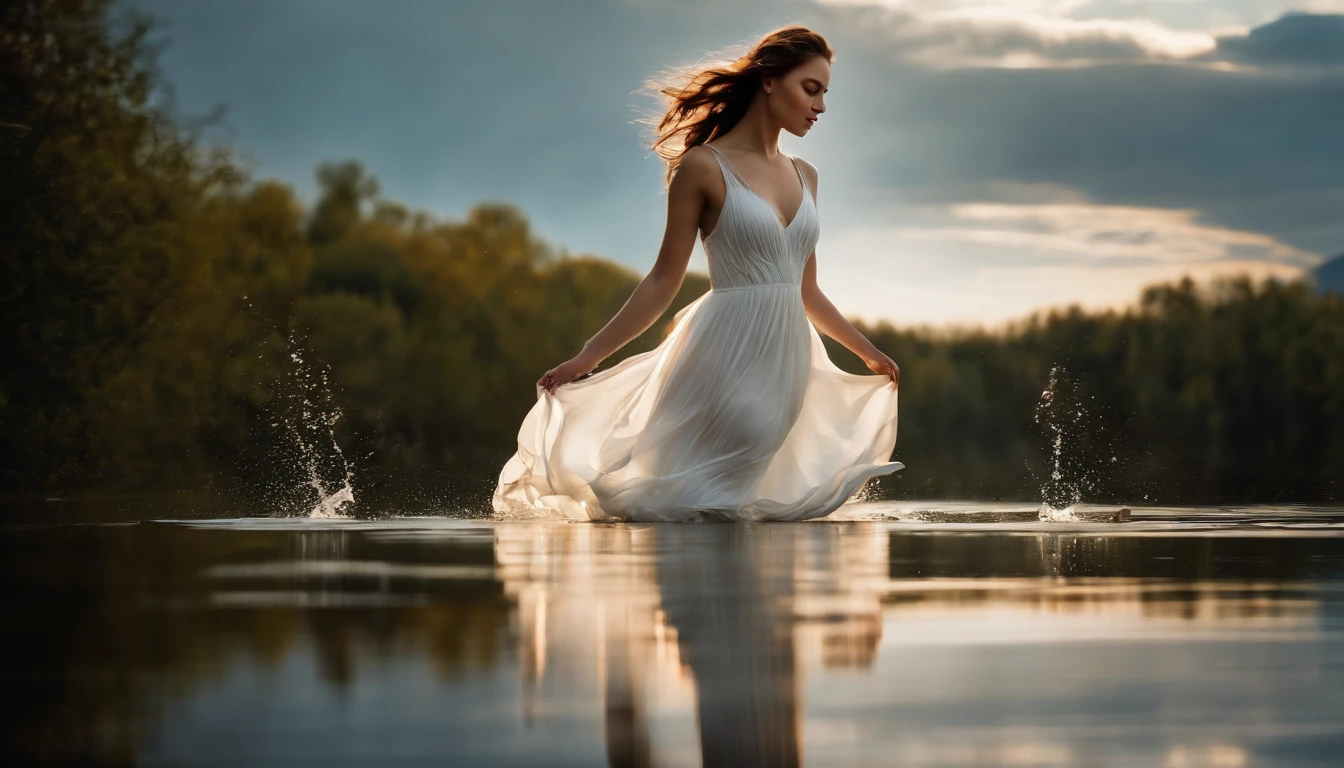 Girl Frolicking with Water, 独奏, Dressed in a white dress, lake, Elegant, artistic, (Photorealsitic: 1.4), top-quality, masterpiece, ultra-detailliert, lighting like a movie