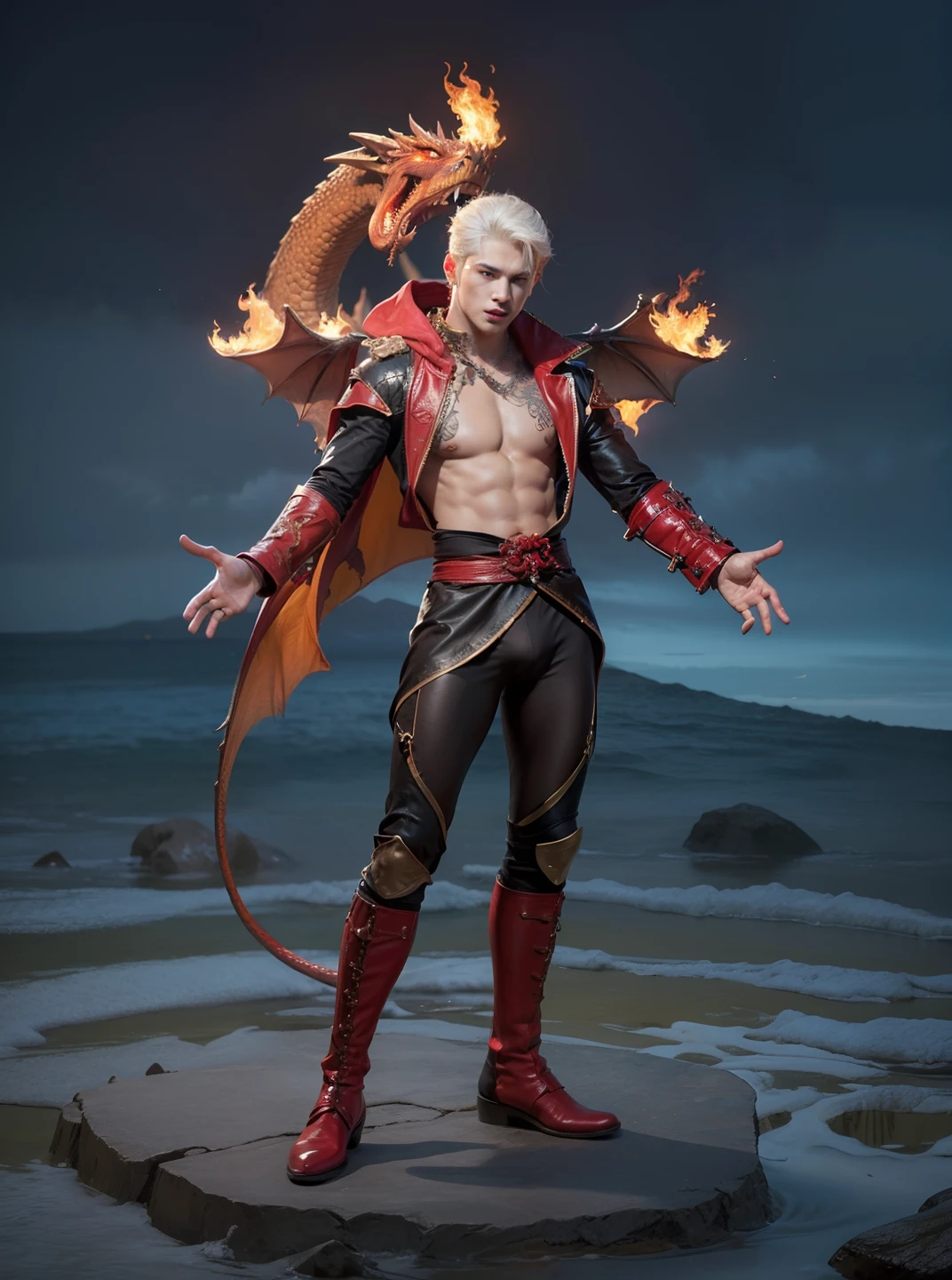 best quality, masterpiece, (photorealistic:1.4), 1boy , shirt with collars, waist up, dramatic lighting, from below , handsome, sixpack, charming, cute, white skin, naked,Not wearing underwear , male genitalia exposed, large long veined hard erect male genitalia, white hair, yellow eyes,Body covered with transparent viscous white fluid and sperm, oral sex, sucking male genitalia, fire magic ,Cloak made of fire, Naked, bare chest,Super tight mini panties , dragon, perfect eyes,Dragon scales, dragon wings ,red Tattoo on chest,red eye ball, Korean boy