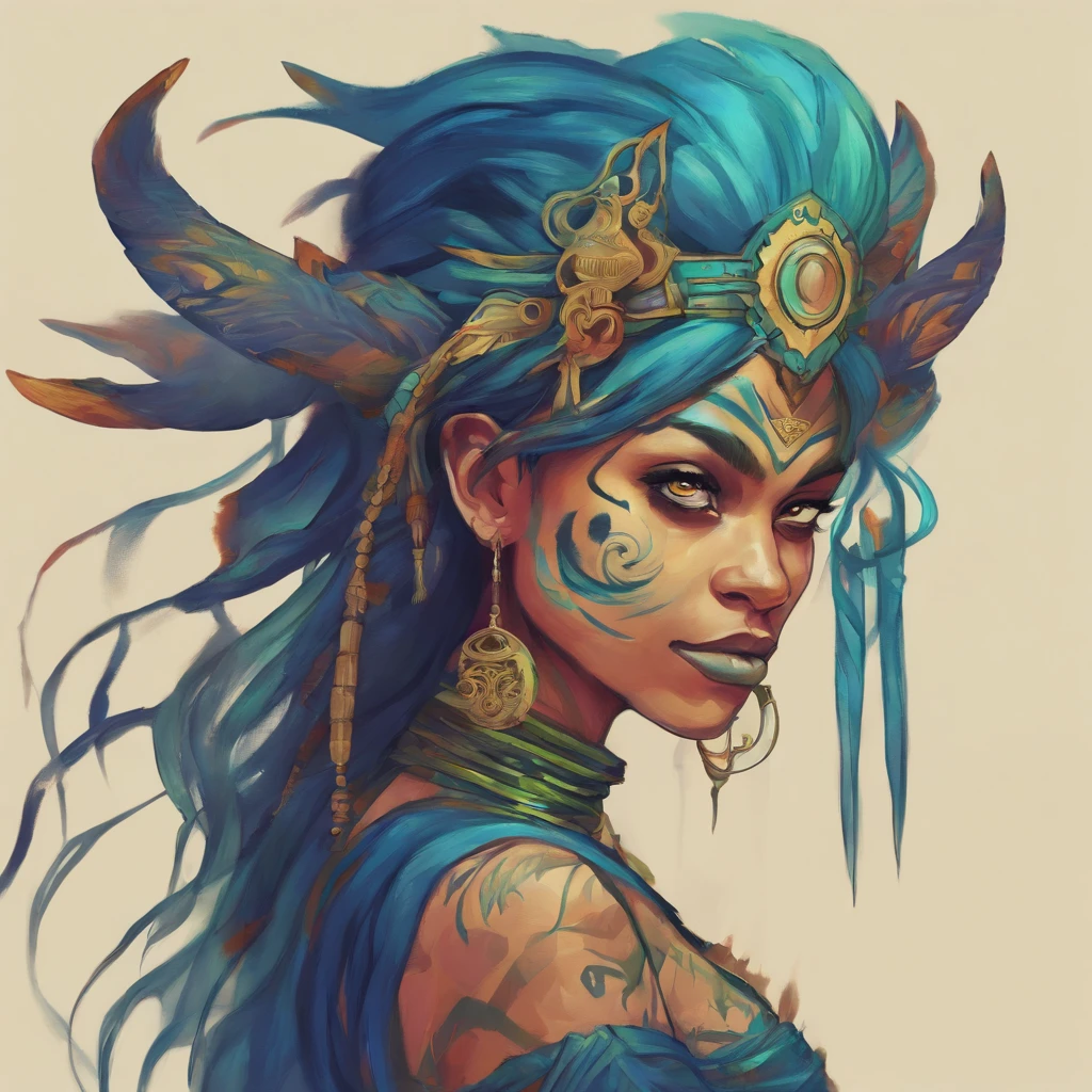 One small, female goblin with greenish yellow skin. Her eyes are gray blue, and she has straight, dark blue hair. She wears a hide style tribal outfit, befitting of a tribal alchemist. It consists of a tribal crop top and a tribal style long skirt with a split in the thigh. The goblin has teal blue tribal paint markings on her arms. She also a tail with dark blue tuff at the end that matches her hair. It has a small pouch attached to it.