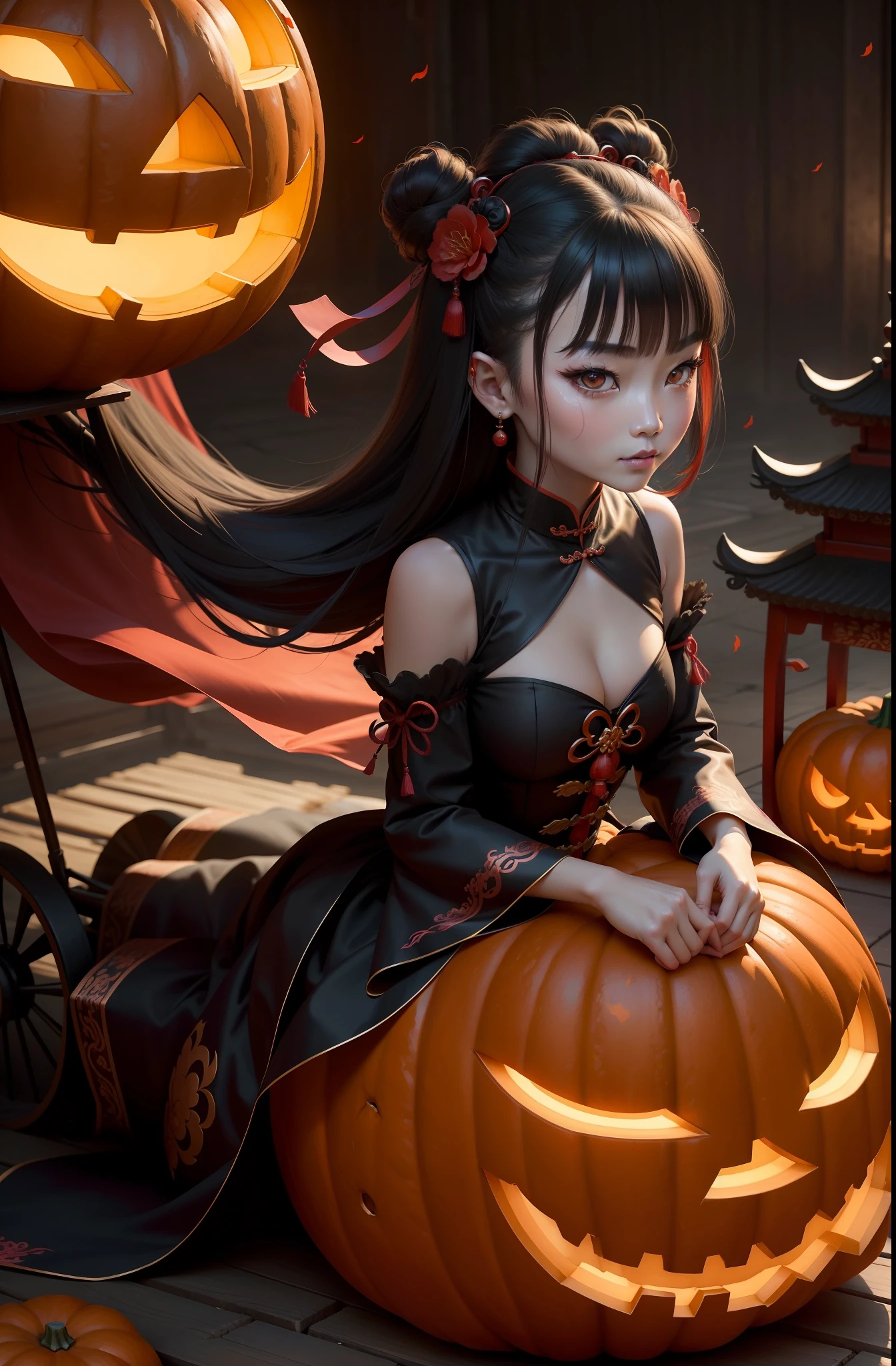 Chinese style Halloween characters,Pumpkin cart,Dark Princess Wind,Detailed facial portrayal,Fine texture,Juvenile face,Beautify and groom,The face is plump and round,Hua Dian,Ruby pupils,Filled with collagen