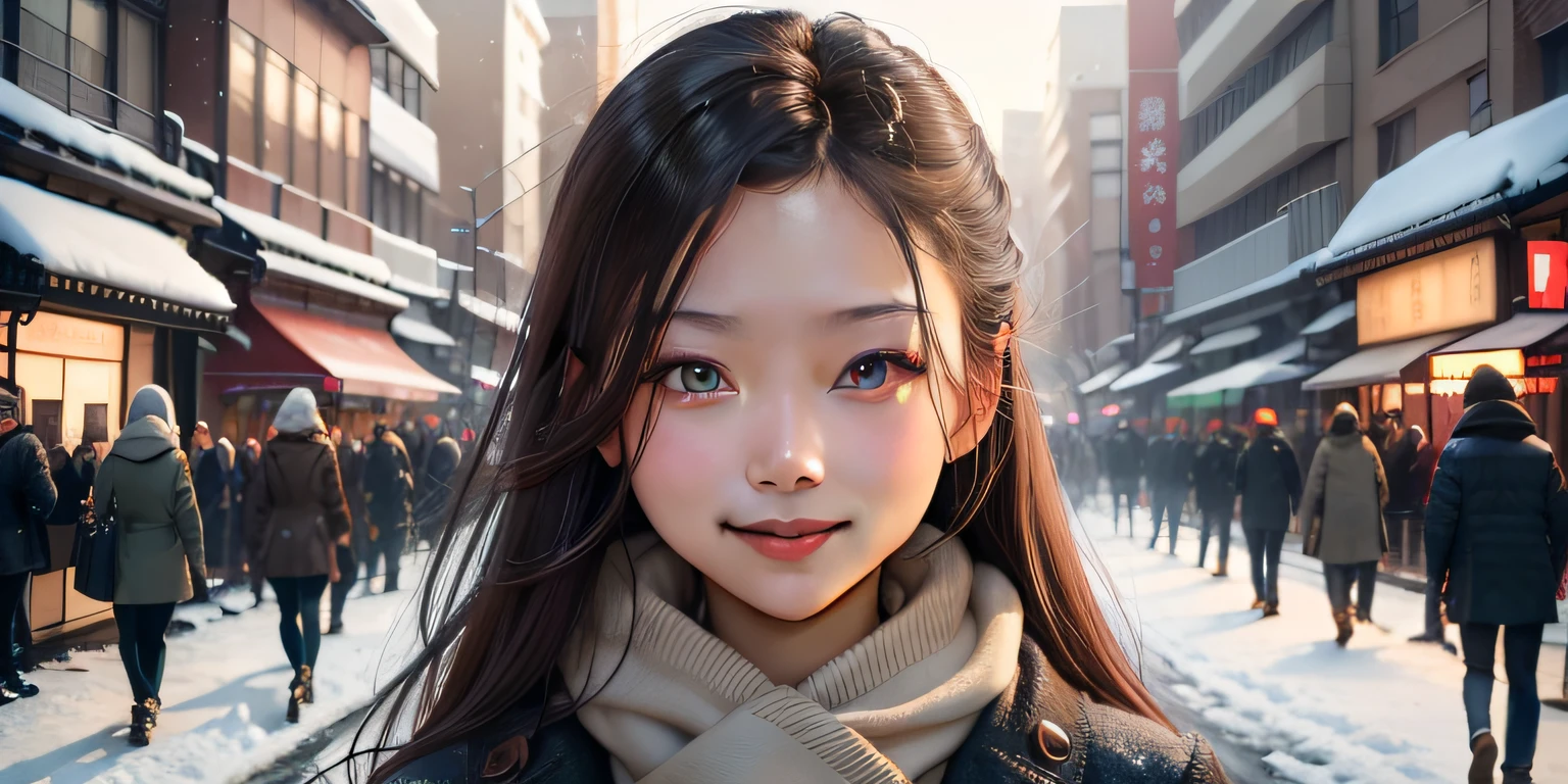 top-quality、masterpiece、(Realism:1.2)、femele、brown haired、Brown-eyed、A detailed face、A smile,femele、in her 20s、a smile、Winter scene、asian human、japanes、TOKYOcty、Bustling street、Urban area、