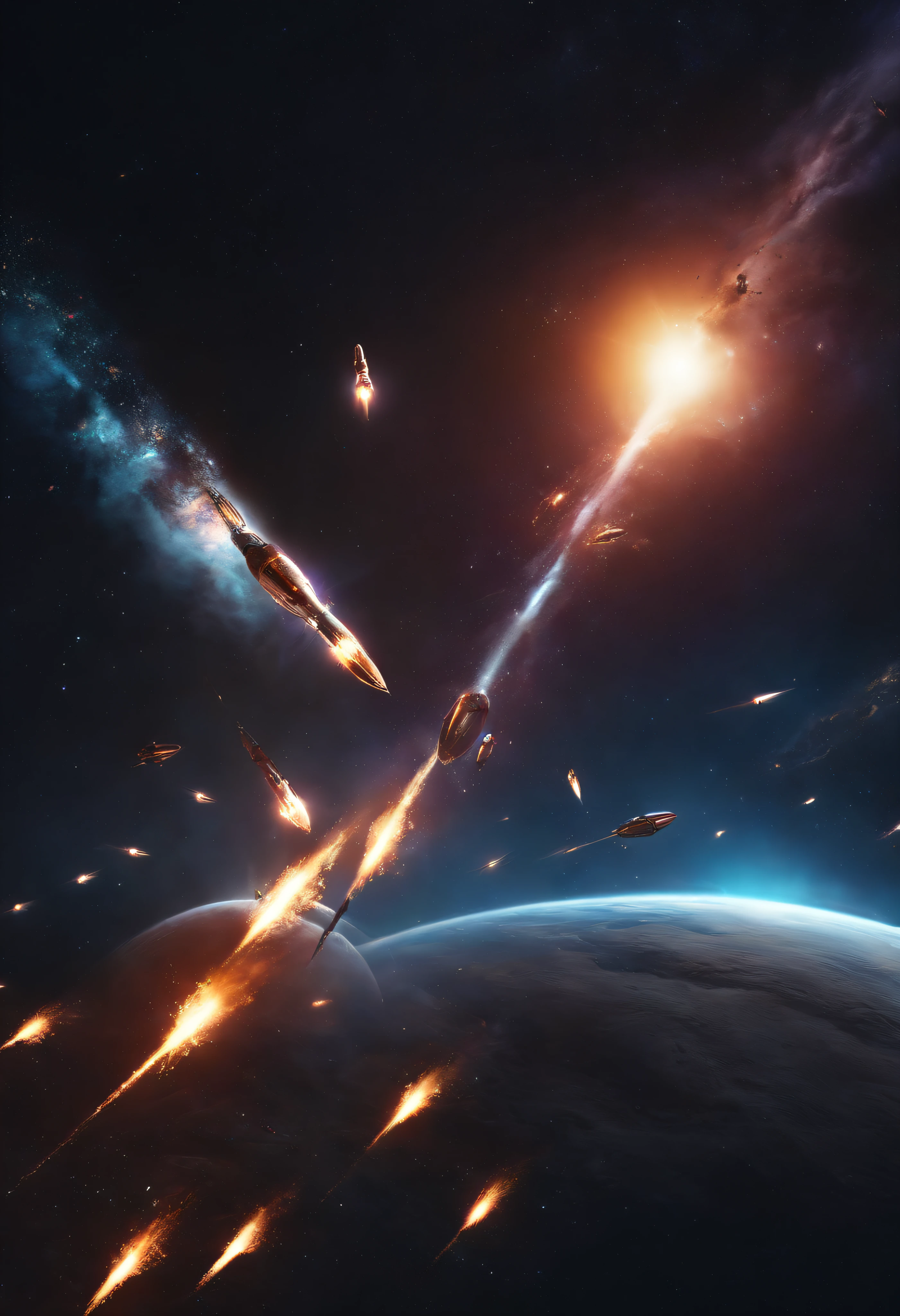 Space Wars,space,Bullets shells flying around, Creepy, nightmarish, Very bright colors, Light particles, with light glowing, Mshiv, wallpaper art