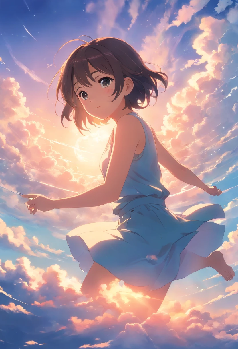 masterpiece, best quality, movie still, 1girl, cloud girl, floating in the sky, close-up, bright, happy, warm soft lighting, sunset, (sparks:0.7)