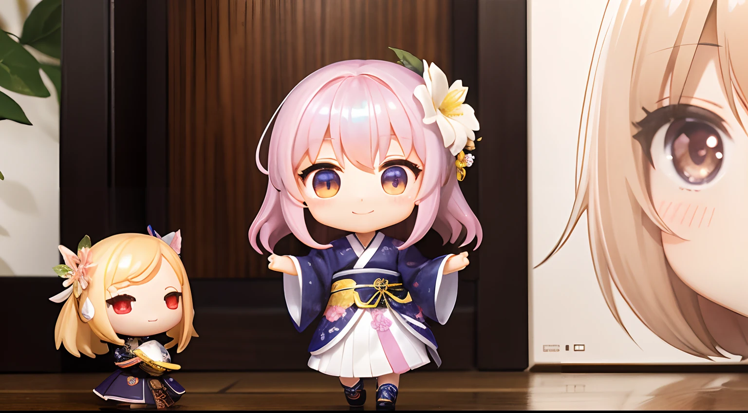 photoRealstic、Doll standing in front of the painting(nendroid)、A smile、Water droplets on the cheeks、Arms Spread Pose、Sengai、pixiv、rokoko、dollfie dream、watercolor Nendoroid、(High Definition Figure)、Flowing iridescent silk、up of face、Eye Up、Komono、Kimono、There are also flowers in front of the nendroids、flower petals、season!!: 夏天☀ 🍂