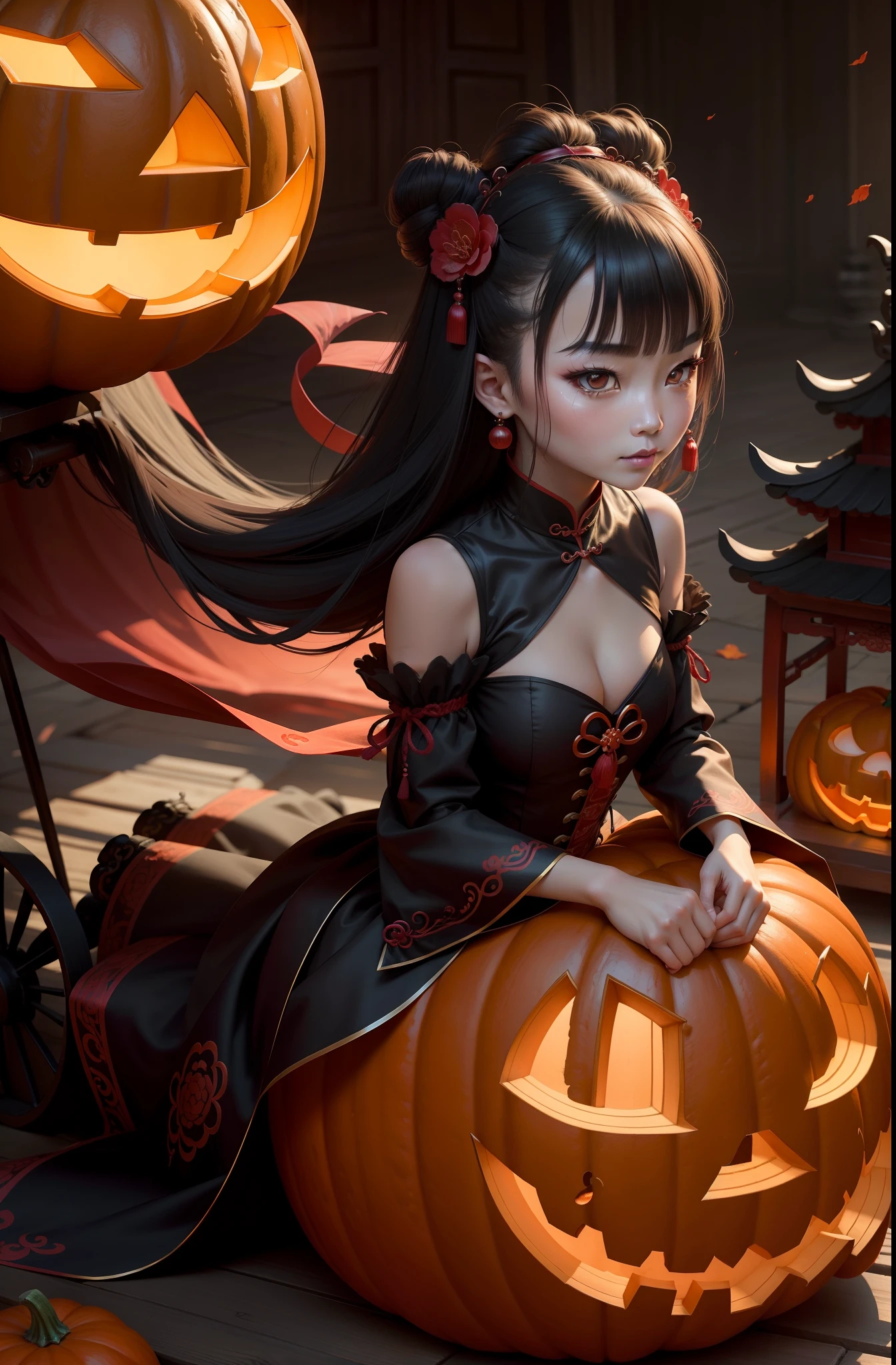 Chinese style Halloween characters，Pumpkin cart，Dark Princess Wind，Detailed facial portrayal，Fine texture，Juvenile face，Beautify and groom，The face is plump and round，Hua Dian，Ruby pupils，Filled with collagen