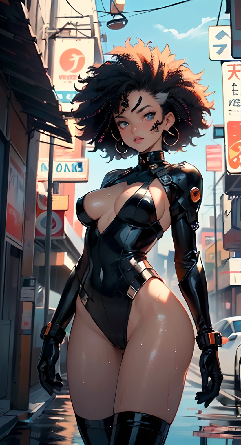 girl spacepunk,(((1girl))),((cute and beautiful afro haired girl)),((((black race)))),

(large breasts:1.4),saggy breasts,((((black afro hair:1.35,((afro hair:1.35)),afrohair,afro:1.35,dark hair,black hair,)))),medium hair,((heterochromia:1.5,eye1 orange:1.5,eye2 red:1.5,perfect eyes,upturned eyes:1.3,beautiful detailed eyes,finely detailed beautiful eyes:1,big highlight on eyes:1.2,vibrant color eyes:1.5)),((fat)),((((tan,dark skin,black skin:1.35,dark-skinned_female,dark skin:1.3,ebony skin,lustrous skin:1.5,bright skin: 1.5,shiny skin,very shiny skin,shiny body,illuminated skin,wet legs)))),(spider lower abdomen,narrow waist,wide hip,athletic body,inflated legs,delicate detailed fingers),((hand consists of a short thumb and four fingers,hand with just five fingers,(detailed face))),

cute,slutty,sensual,seductive look,seductive,erotic,enchanting,((nsfw)),

zettai ryouiki,revealing clothing,show skin,(wearing a mechanical space body armor:1.3,micro bikini,bare legs,an armored arm),((wet clothes, detailed outfit,detailed clothes)),

(dynamic pose:1.0),solo focus,embarrassed,(centered,scale to fit dimensions,Rule of thirds),

cyberpunk city by the ocean at night, with bright neon signs and dark stormy clouds and puddles,

High resolution, sharp focus, (ultra detailed, extremely detailed), (photorealistic artwork:1.37), 8k wallpaper,((synthwave background theme)),(((vibrant colors,))),(intricate),masterpiece,(best quality),synthwave neon colors,