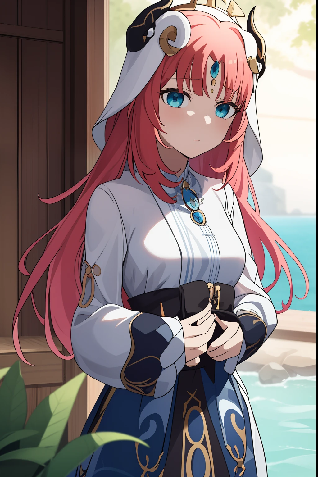 nilou \(genshin impact\), , tristeza, 1girl, capa, culo, cuernos, rubor, flequillo, guanteletes de novia, jewely, mangas separadas, muslos, ombligo, labios entreabiertos, ropa reveladora, parada,aura de poder,enojada, solo, senos (obra maestra, mejor calidad, ultradetallada), (hermoso rostro detallado, hermosos ojos detallados), estilo mksks, hermoso fondo (hermosa isla, holographic interface, destello de lente, chromatic abberation: 1.2),