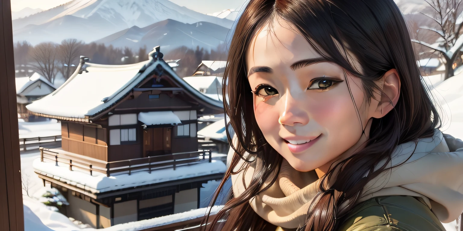 top-quality、​masterpiece、(Realism:1.2)、femele、brown haired、Brown-eyed、A detailed face、A smile,Taiwan、femele、age 40s、a smile、Winter scene、asian human、japanes、Pale sunshine、yuki