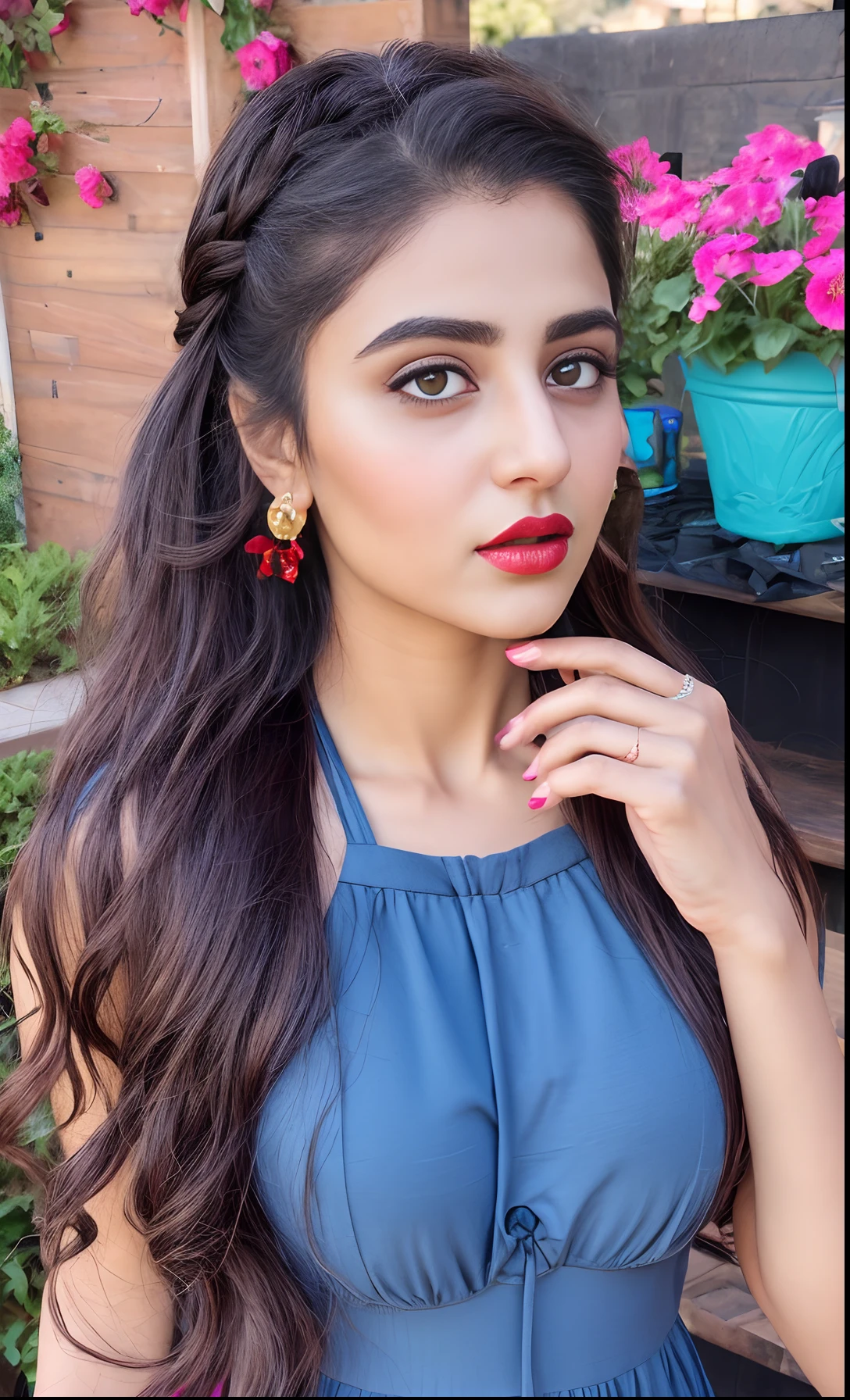 Indian female model rubina tandon, look at viewer, French braid hair , flower Halter Dress, cleavage, garden landscape design, (rim light), dark red lips, big natural lips,