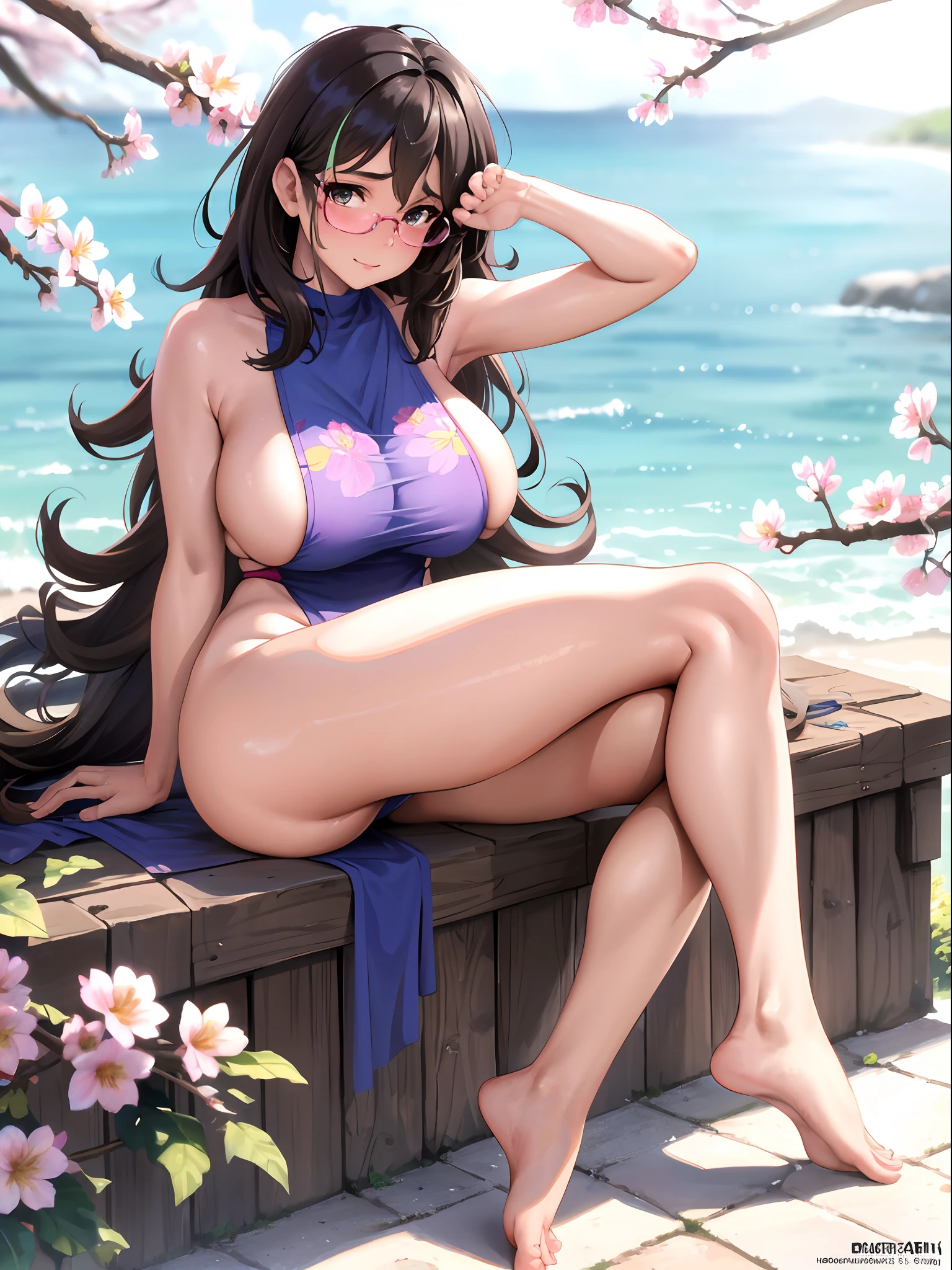 big breast,sexy,bare.indigo brown long hair female,bare foot,bare,public hair,realistic photo,hd,pubes,covered with a colorfull waterpaint background,shaped thing behind,Samantha Ruth Prabhu,photorealistic painting, sharp focus, 8k,wearing big glases,pink,blossom,blossom flower