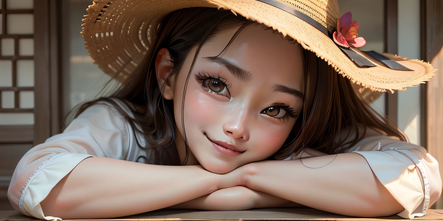 top-quality、​masterpiece、(Realism:1.2)、femele、brown haired、Brown-eyed、frontage、A detailed face、A smile,Taiwan、femele、in her 20s、a smile、Summer scene、asian human、Taiwanese、Chinese charactersa、Strong sunshine、