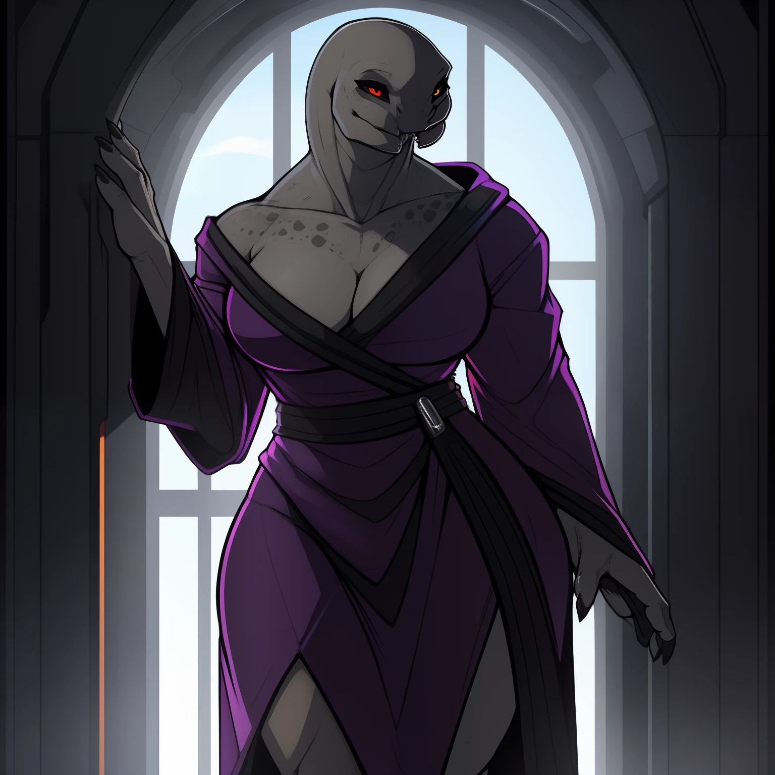 Tall_thick_bodied_Muscular_mature_sangheili female dark_gray_scaled_body orange_iris black_sclera purple_robes red_accents solo Masterpiece best_quality absurdres highly_detailed cleanly_drawn_eyes anthro_only by_claweddrip, by_greasymojo, by_underscore-b, by_runawaystride