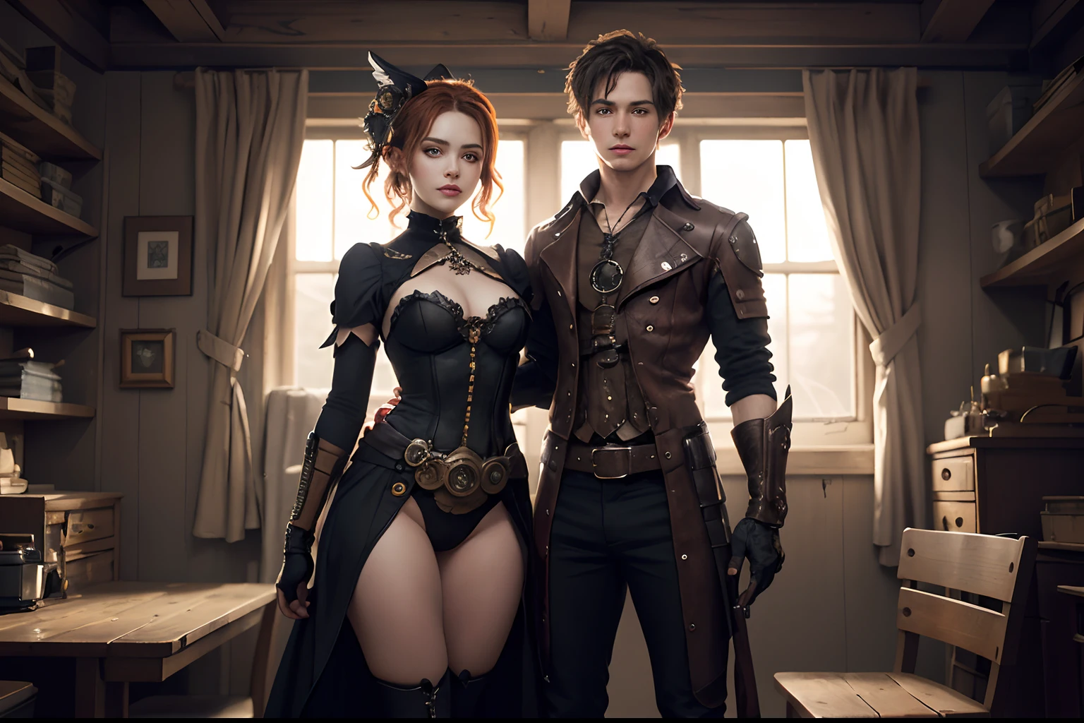 (American Shot), a Steampunk girl and man couple, she is very beautiful. Both are in a movie poster pose carrying weapons like in the poster of the movie Hansel and Gretel: Witch Hunters, The girl with (very light eyes), is a beautiful Steampunk goddess with (small breasts) and ((small hips)), standing about 5' 3'' inches tall. They wear sexy clothes, (Looking at the camera), Wearing a lot of steampunk accessories on clothes that light up, and Steampunk digital art, She is a mechanized Valkyrie Girl, They are in a room, The Picture is a very warm atmosphere, orange tones.