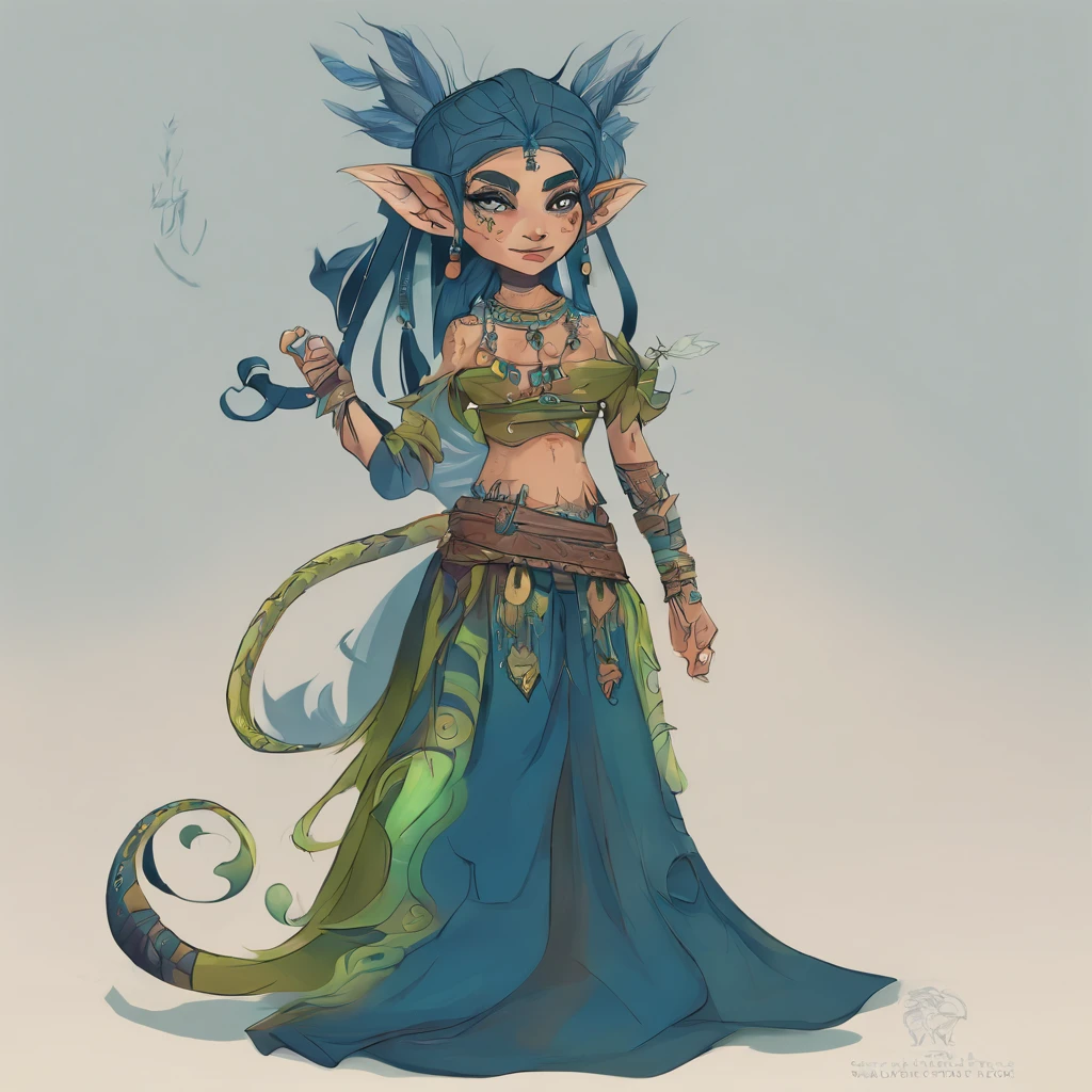 One small, female goblin with greenish yellow skin. Her eyes are gray blue, and she has straight, dark blue hair. She wears a hide style tribal outfit, befitting of a tribal alchemist. It consists of a tribal crop top and a tribal style long skirt with a split in the thigh. The goblin has teal blue tribal paint markings on her arms. She also a tail with dark blue tuff at the end that matches her hair. It has a small pouch attached to it.