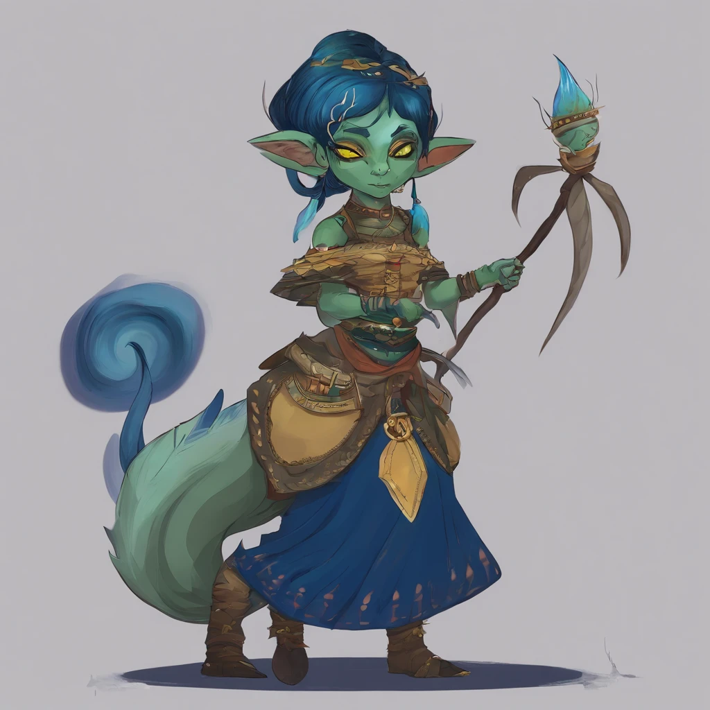 One small, female goblin with greenish yellow skin. Her eyes are gray blue, and she has straight, dark blue hair. She wears a hide style tribal outfit, befitting of a tribal alchemist. It consists of a tribal crop top and a tribal style long skirt with a split in the thigh. The goblin has teal blue tribal paint markings on her arms. She also a tail with dark blue tuff at the end that matches her hair. It has a small pouch attached to it.