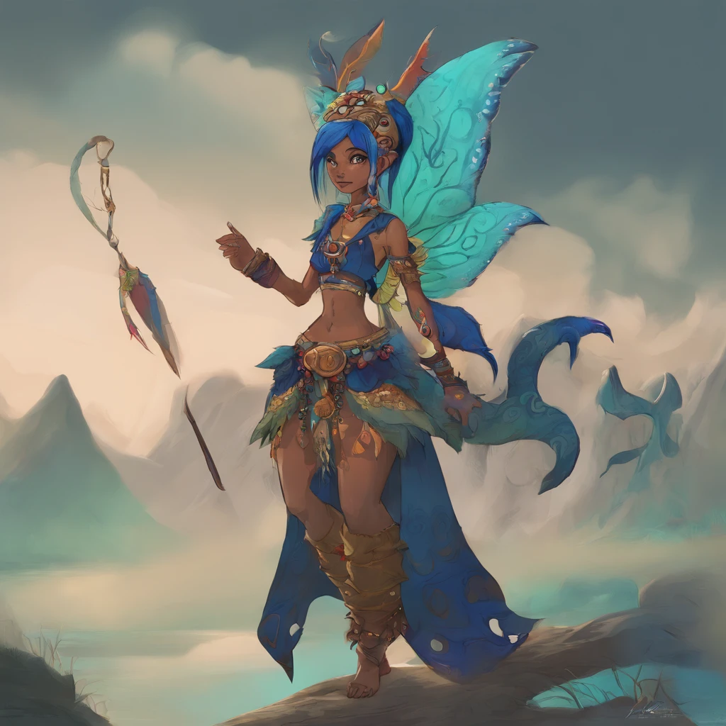 One small, female goblin with greenish yellow skin. Her eyes are gray blue, and she has straight, dark blue hair. She wears a hide style tribal outfit, befitting of a tribal alchemist. It consists of a tribal crop top and a tribal style long skirt with a split in the thigh. The goblin has teal blue tribal paint markings on her arms. She also a tail with dark blue tuff at the end that matches her hair. It has a small pouch attached to it.
