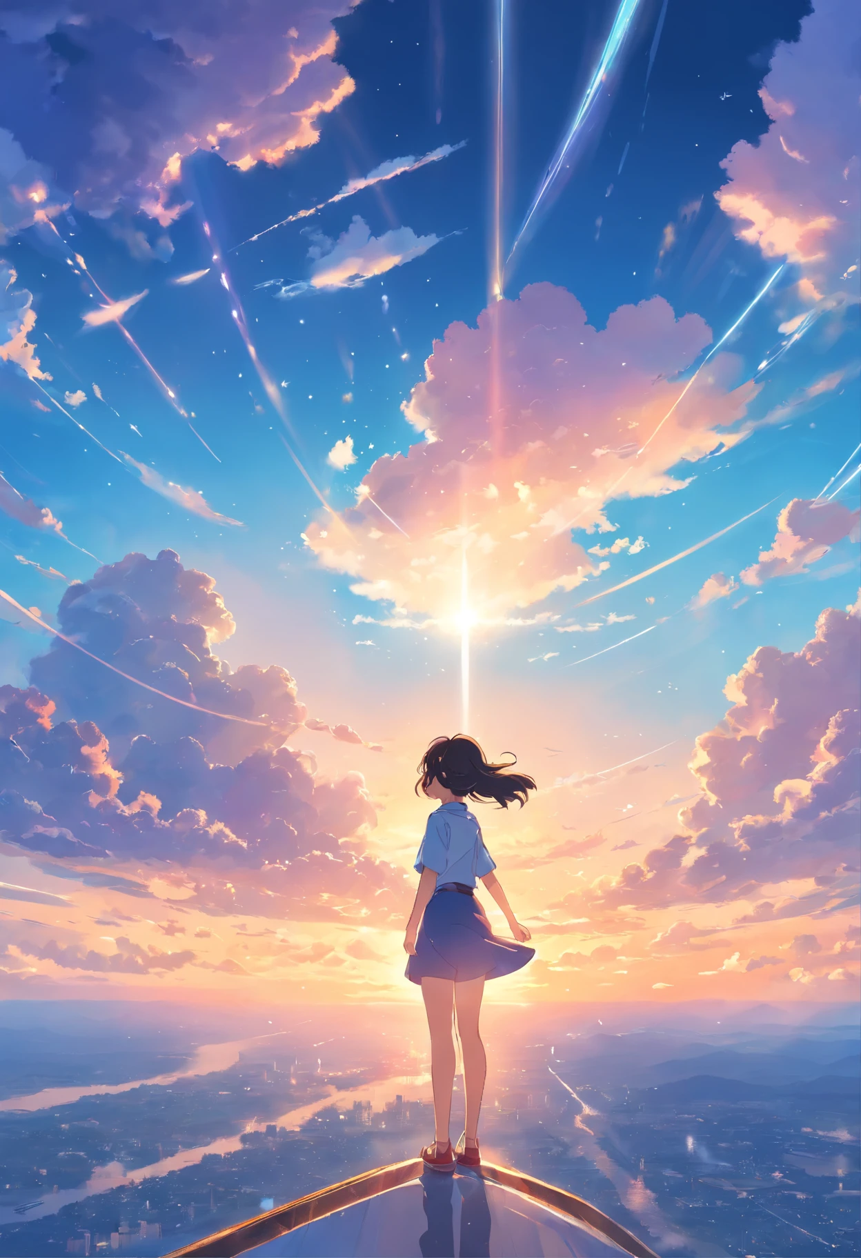 masterpiece, best quality, movie still, 1girl, cloud girl, floating in the sky, close-up, bright, happy, warm soft lighting, sunset, (sparks:0.7)