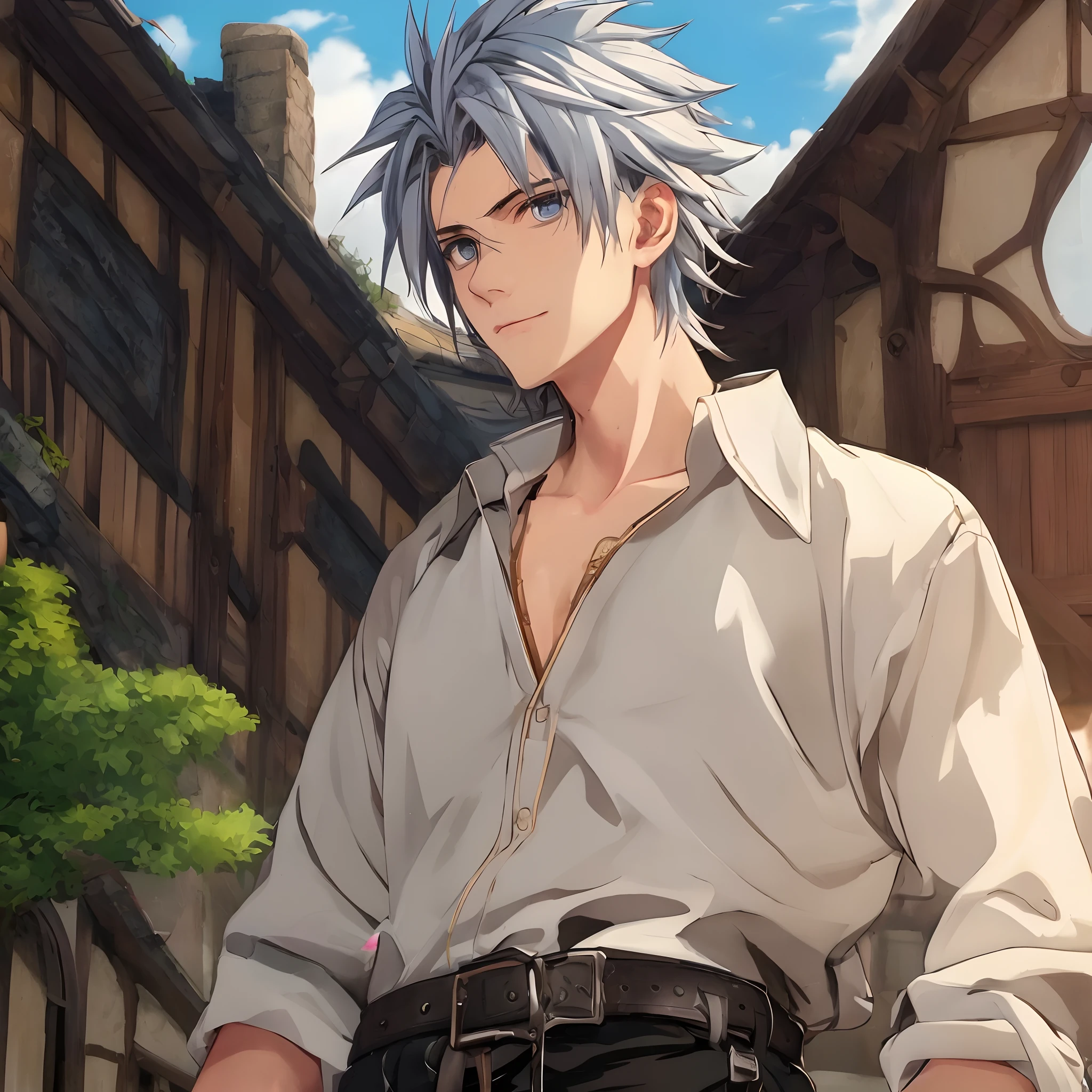 Anime - imagem de estilo de um homem com olhos azuis e uma camisa branca, cara bonito na arte demon slayer, homem bonito anime, personagem de anime masculino, arte detalhada do personagem de anime, um louco de cabelos prateados, ele tem cabelos grisalhos escuros, cara de anime alto com olhos azuis, Retrato anime de um homem bonito, sorriso roguish, pose de anime bonito, Hajime Yatatate