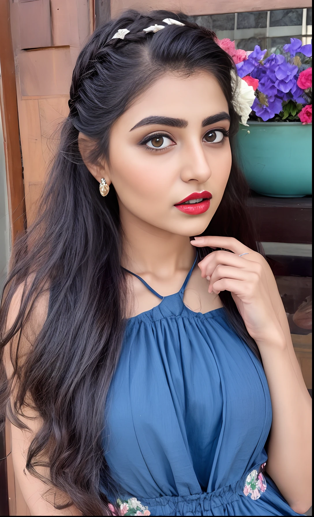 Indian female model rubina tandon, look at viewer, French braid hair , flower Halter Dress, cleavage, garden landscape design, (rim light), dark red lips, big natural lips,