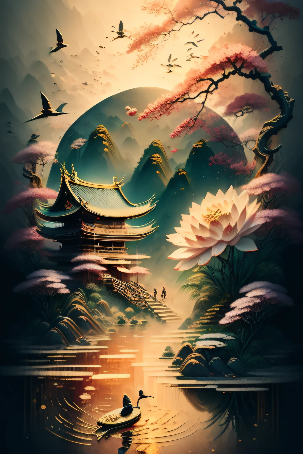 ((4K,Masterpiece,Best quality)),  Chinese painting,crane，Turtle，lotuses