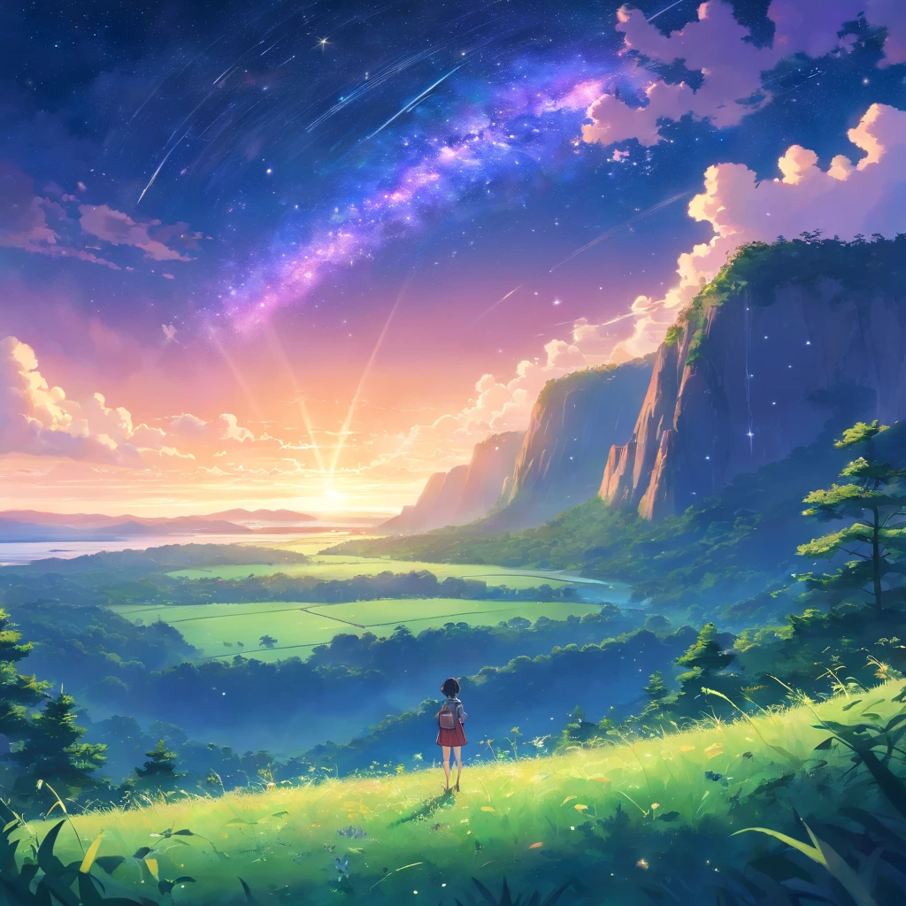 Vast land,Weird literature,Brilliant colors,The starry sky is dotted,Several harmonious clouds,Overlooking,sheer cliffs,Forest grass,exuberant