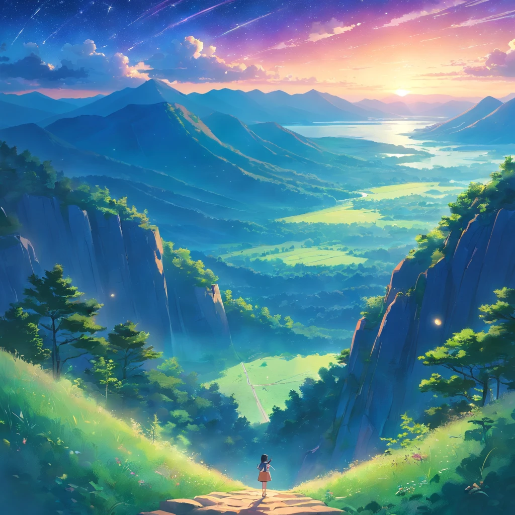 Vast land,Weird literature,Brilliant colors,The starry sky is dotted,Several harmonious clouds,Overlooking,sheer cliffs,Forest grass,exuberant